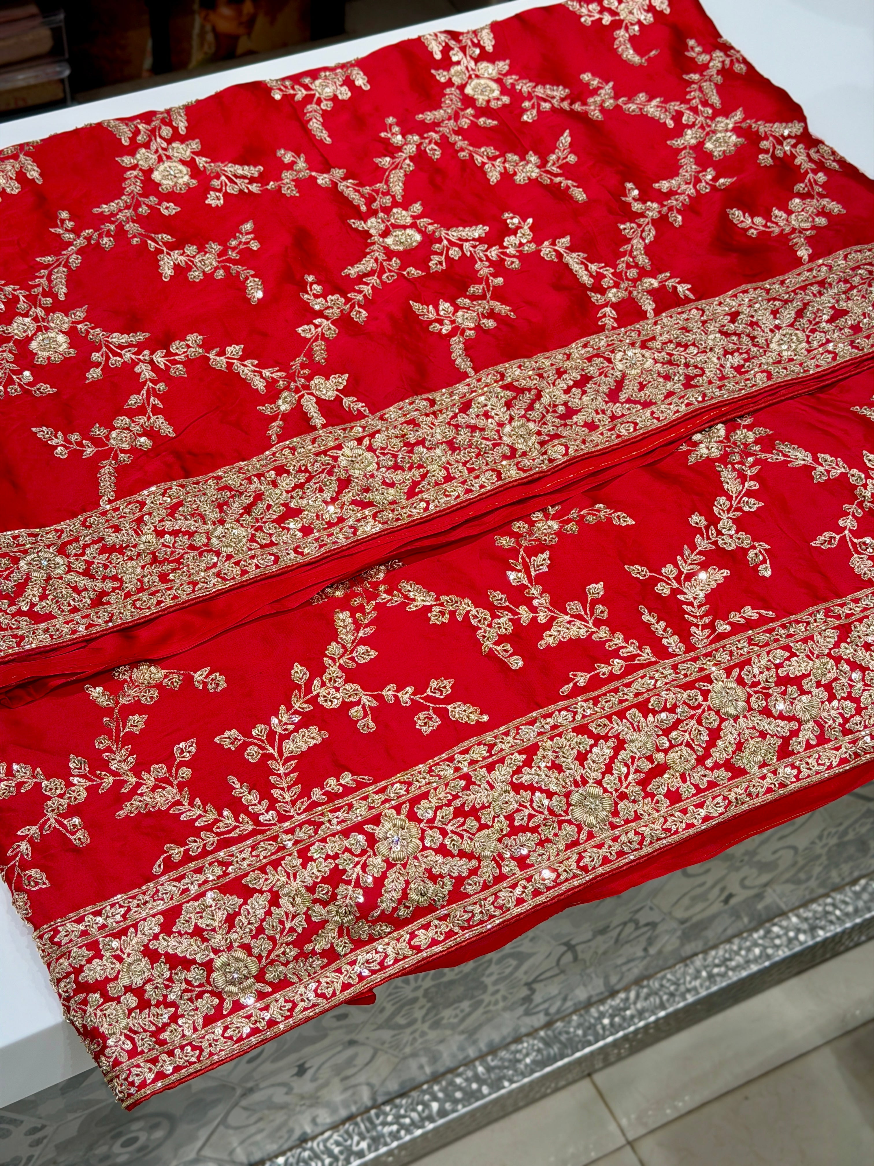 Red Pure Satin Silk Zardosi Hand Embroidery Jaal Saree