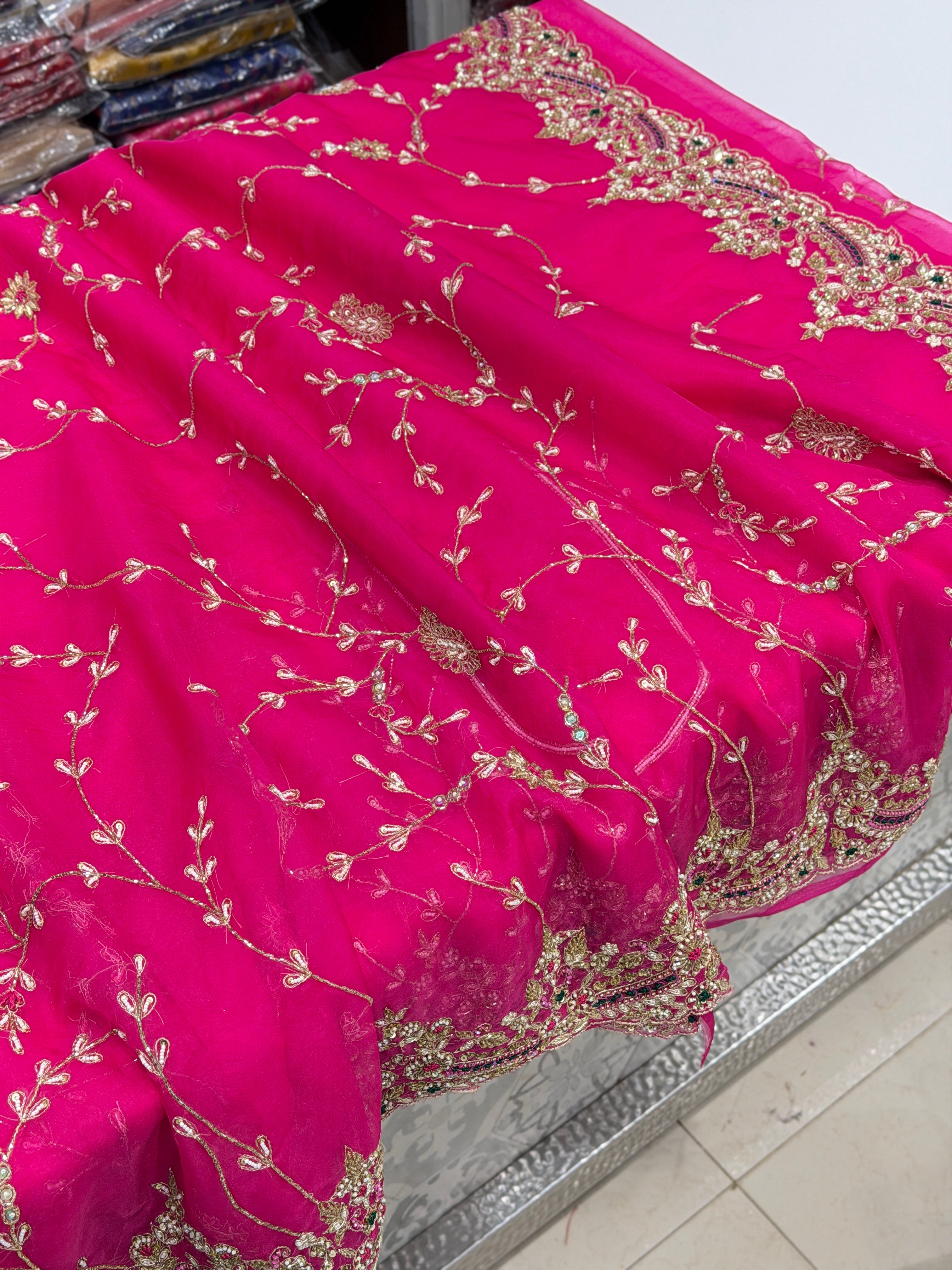 Rani Pink Organza Zardosi Resham Hand Embroidery Saree