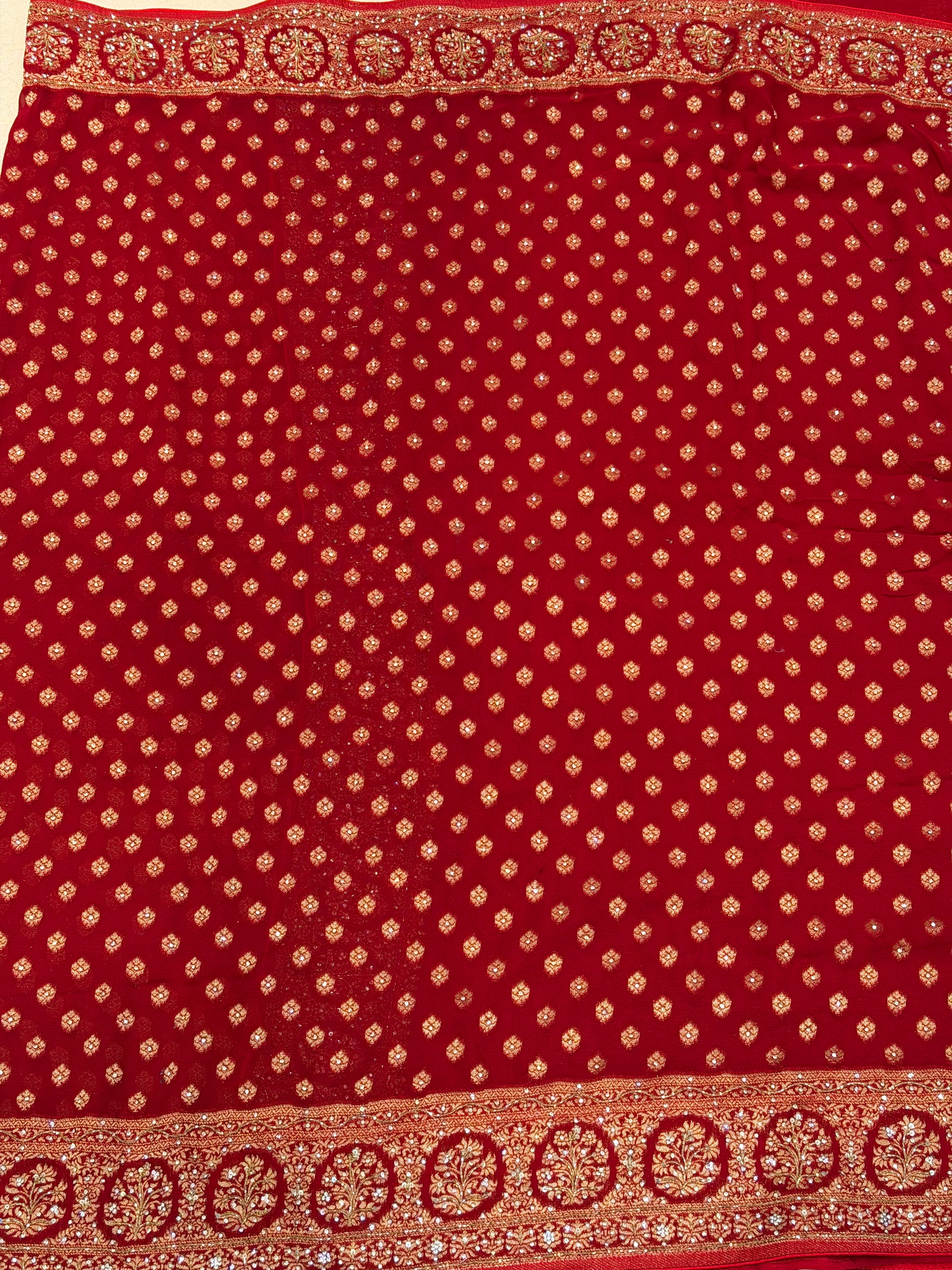 Red Banarasi Khaddi Georgette Butti Hand Embroidery Sequin Stone Saree