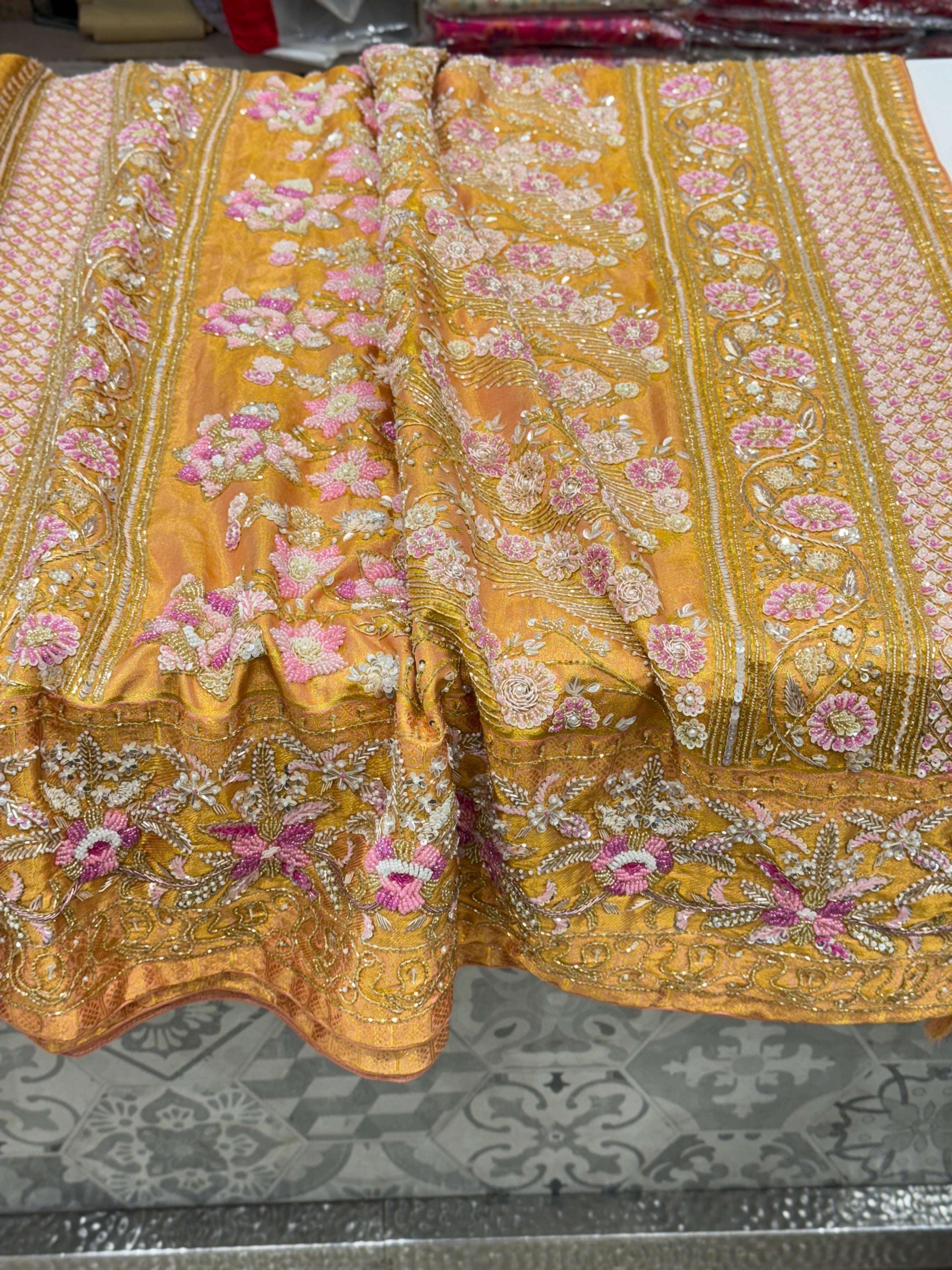Gold Tissue Kanjivaram Rangkat Hand Embroidery Saree