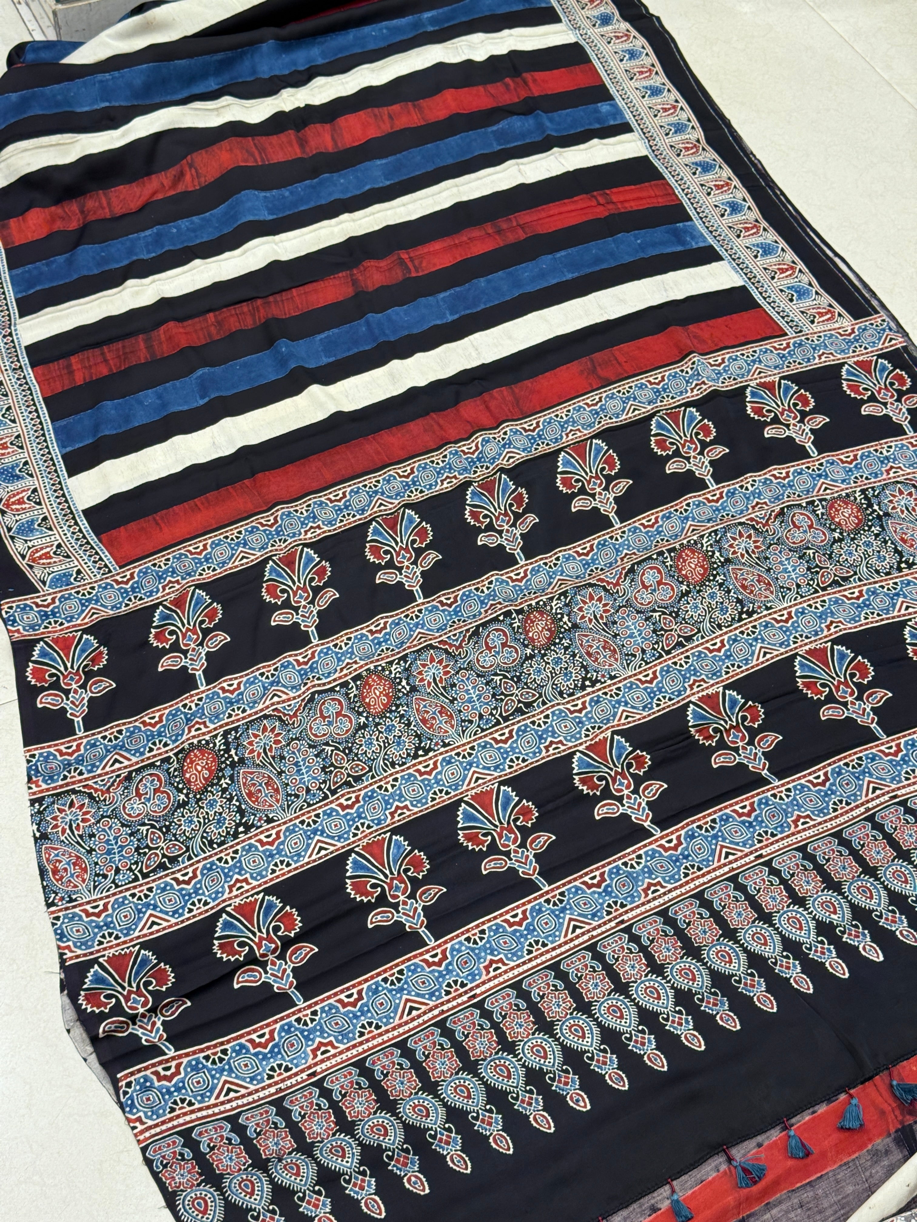Contemporary Multi Ajrakh Block Print Hand Pure Gajji Silk Saree
