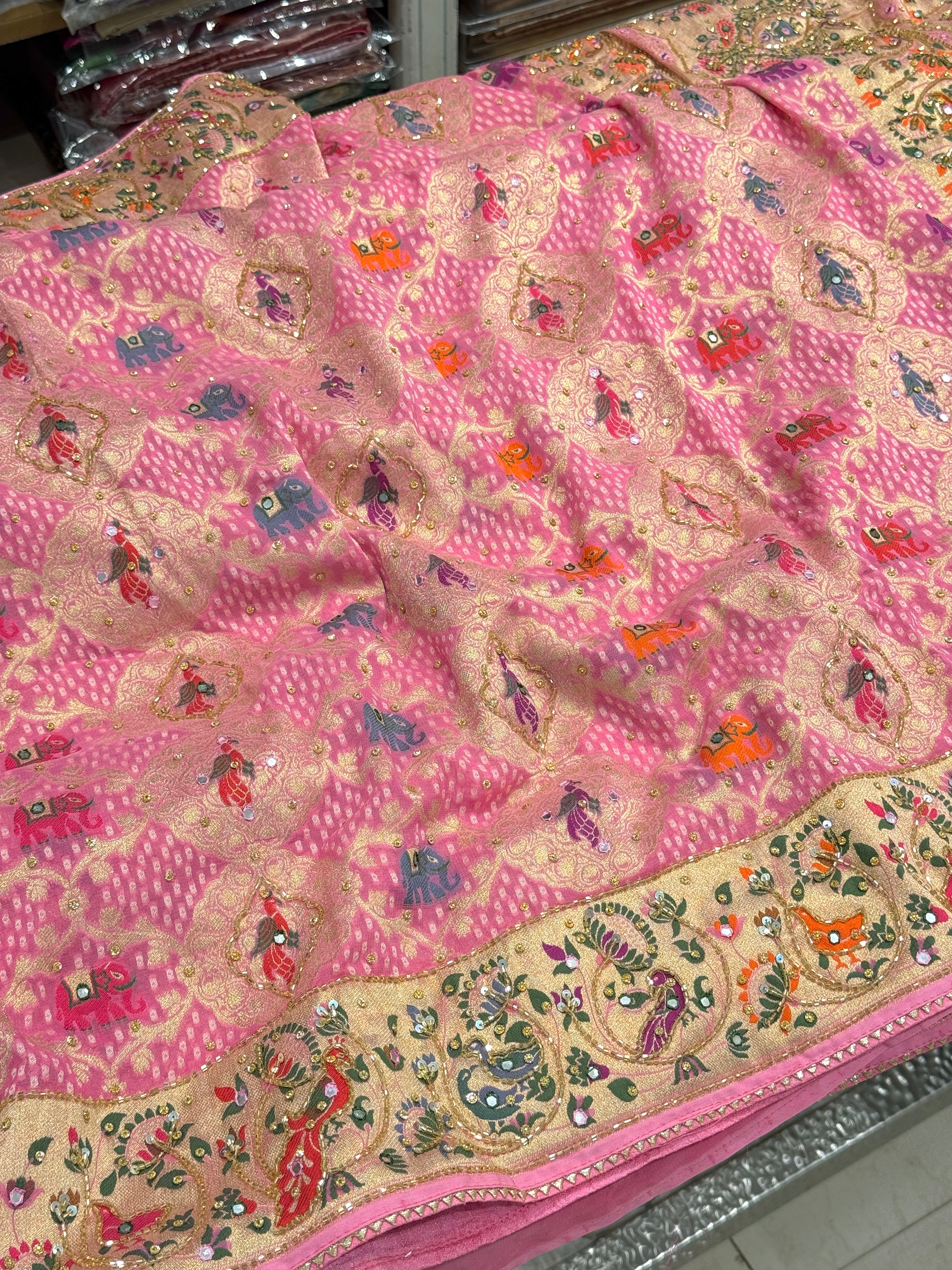 Pink Woven Bandhej Peacock Elephant Motifs Gharchol Embroidery Saree