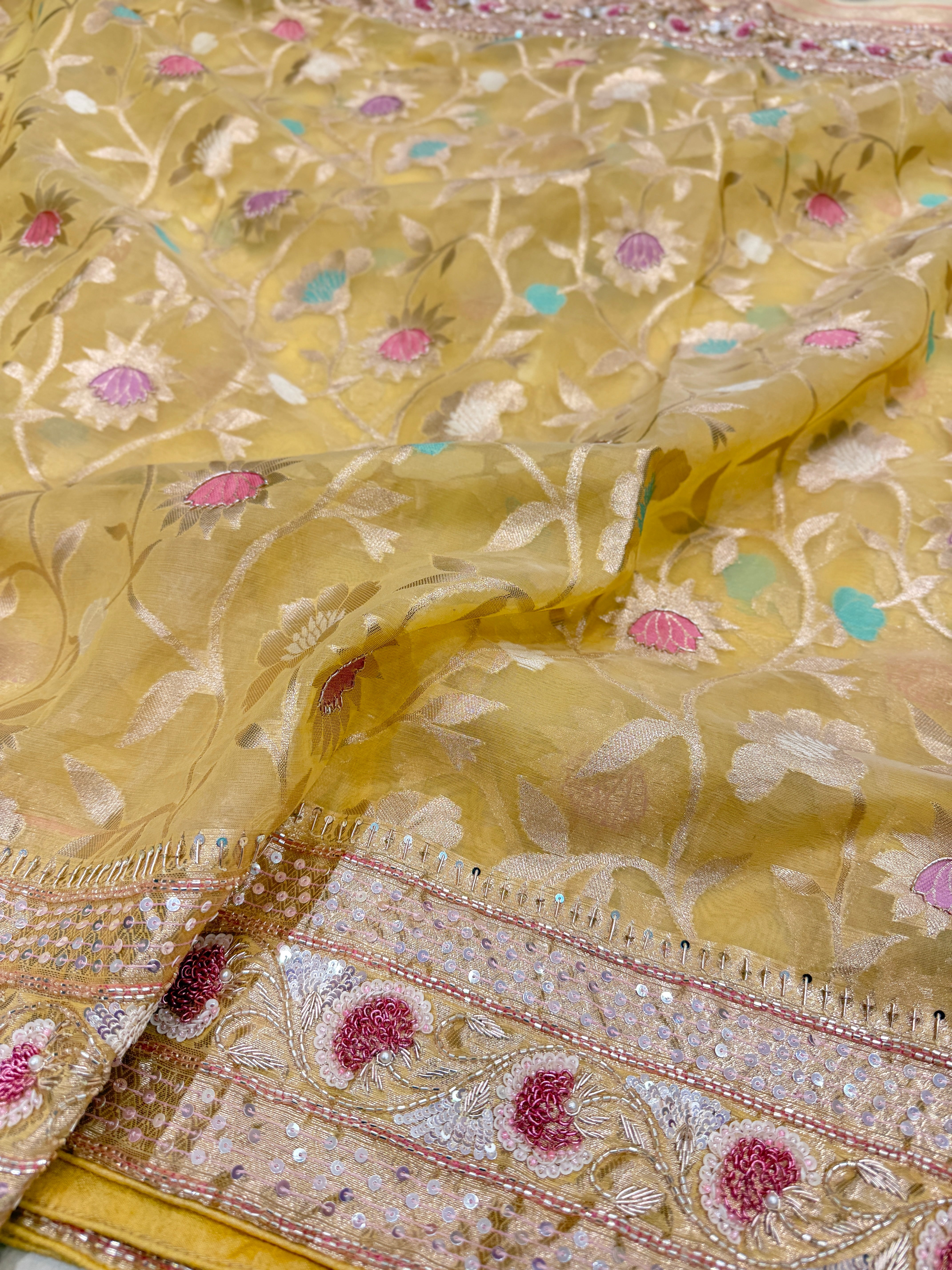 Yellow Meenakari Banarasi Kora Sequin Zardosi Hand Embroidery Saree