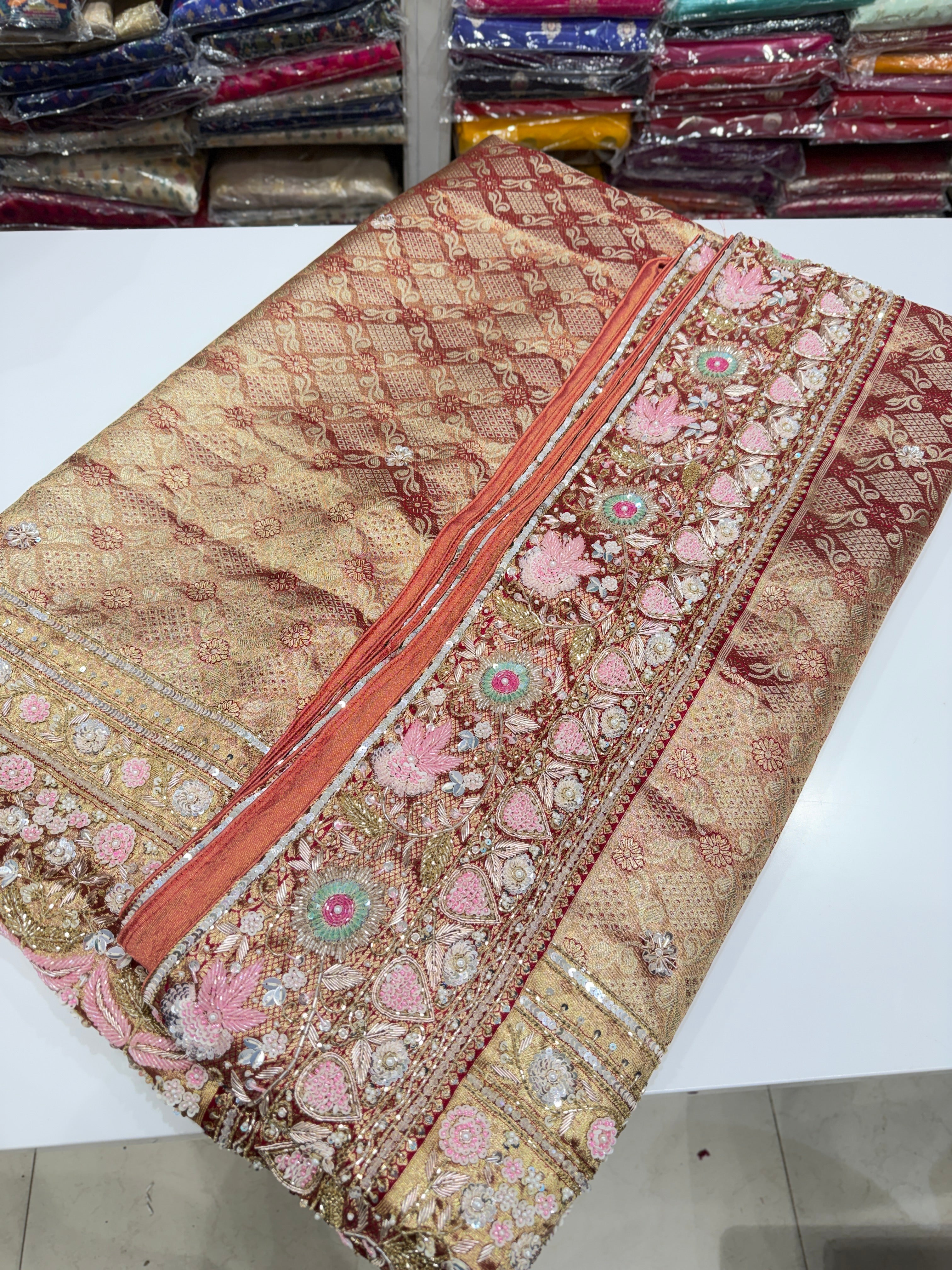 Red Tissue Kanjivaram Hand Embroidery Zardosi Moti Saree