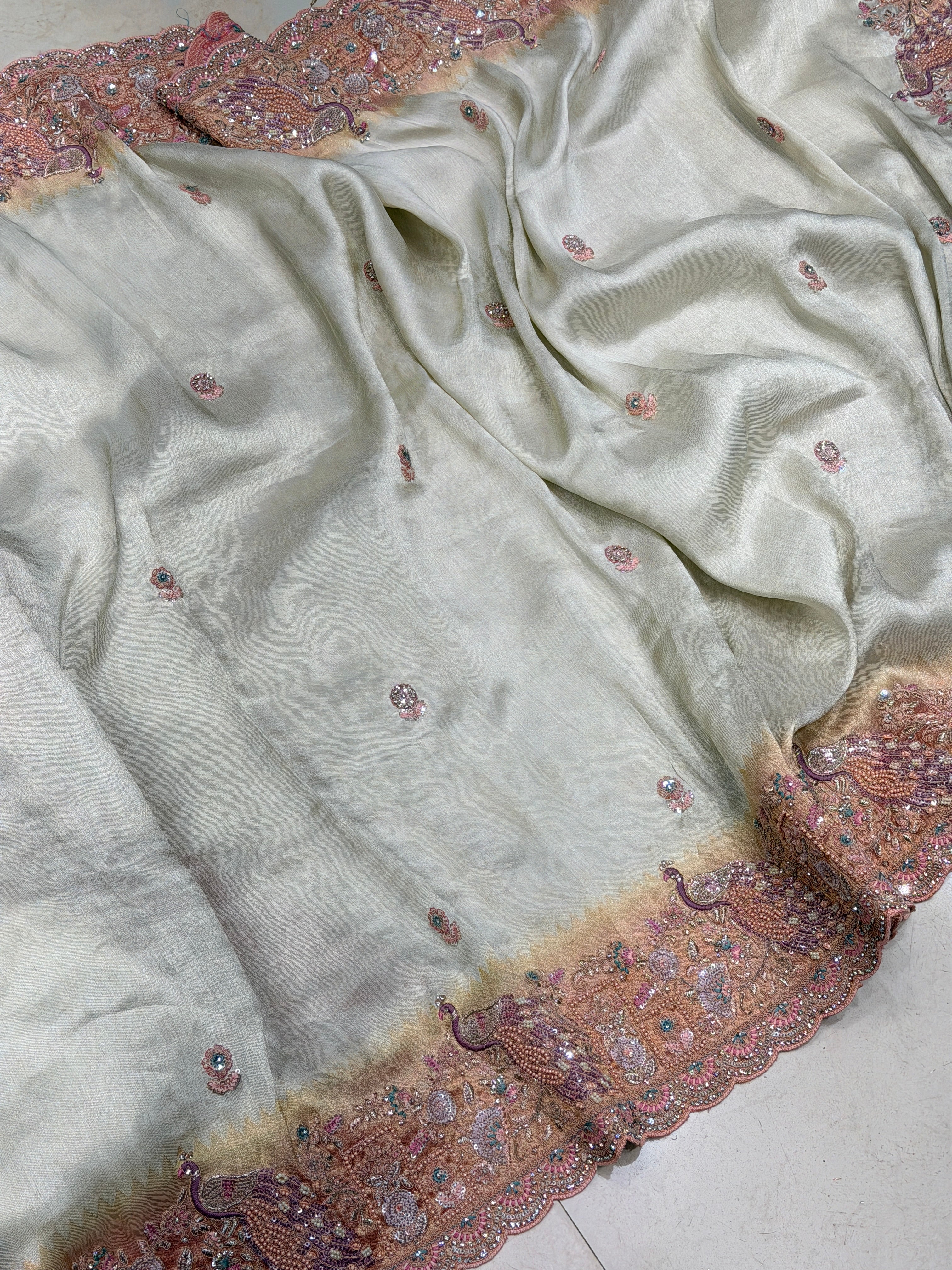 Silver Light Pink Soft Tissue Weaved Moti Embroidery Saree