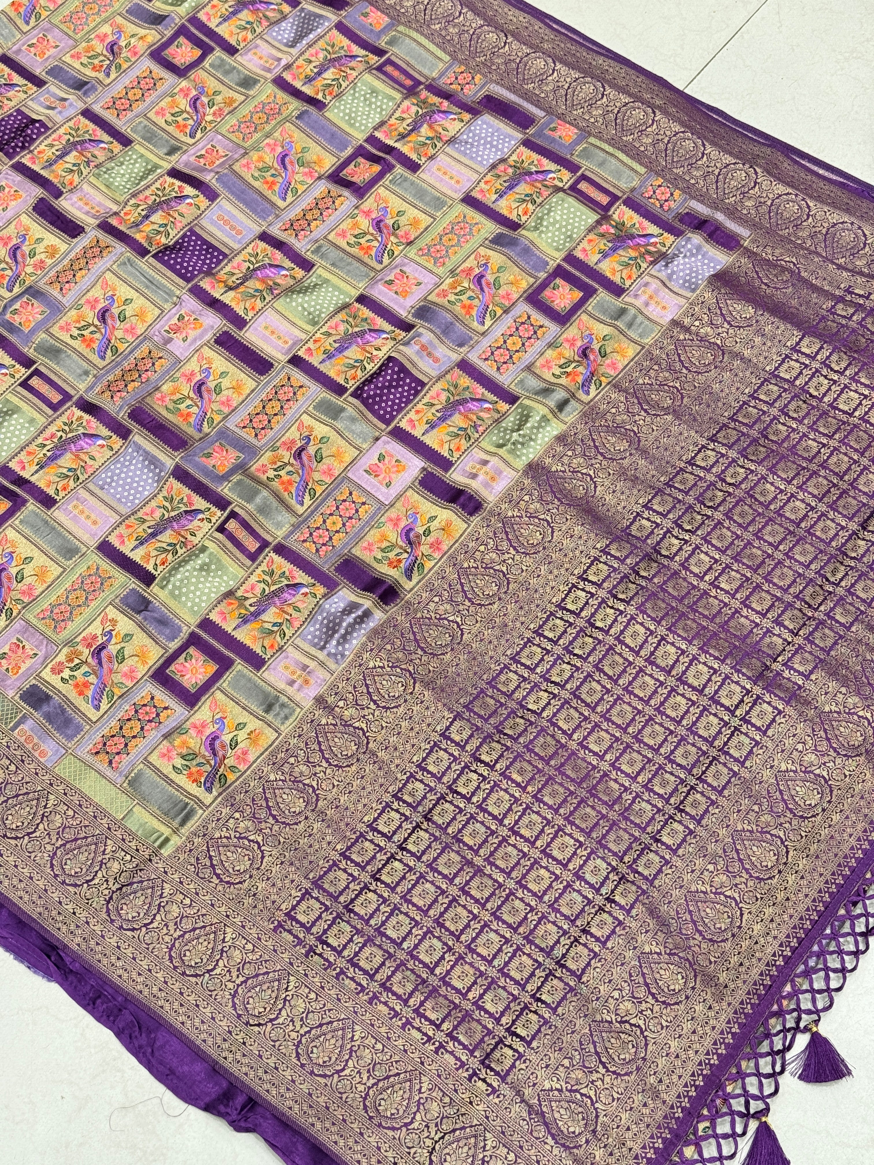 Violet Banarasi Modal Rangkat Satin Checkered Silk Saree