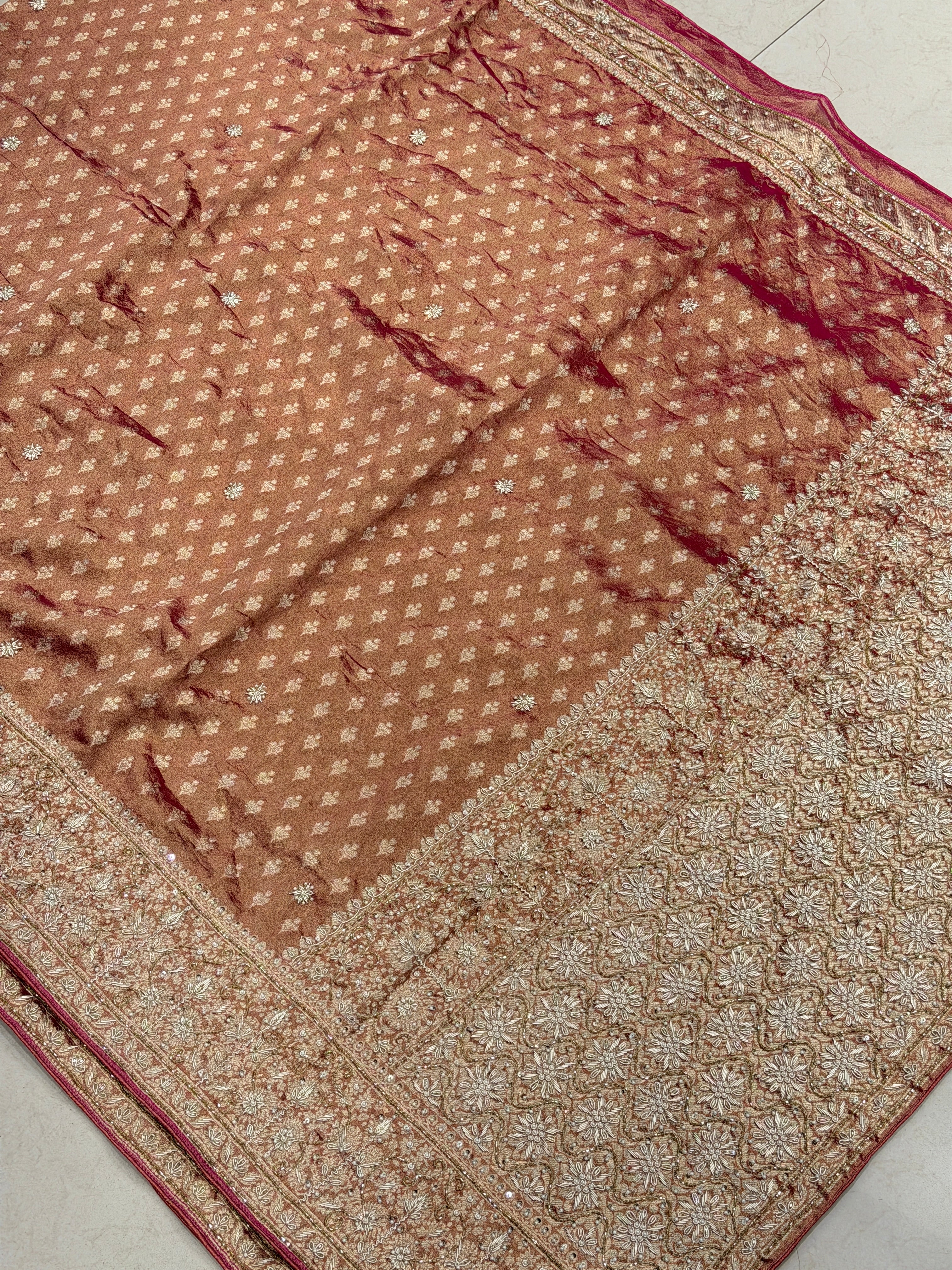 Red Tissue Banarasi Buttis Zardosi Embroidery Saree