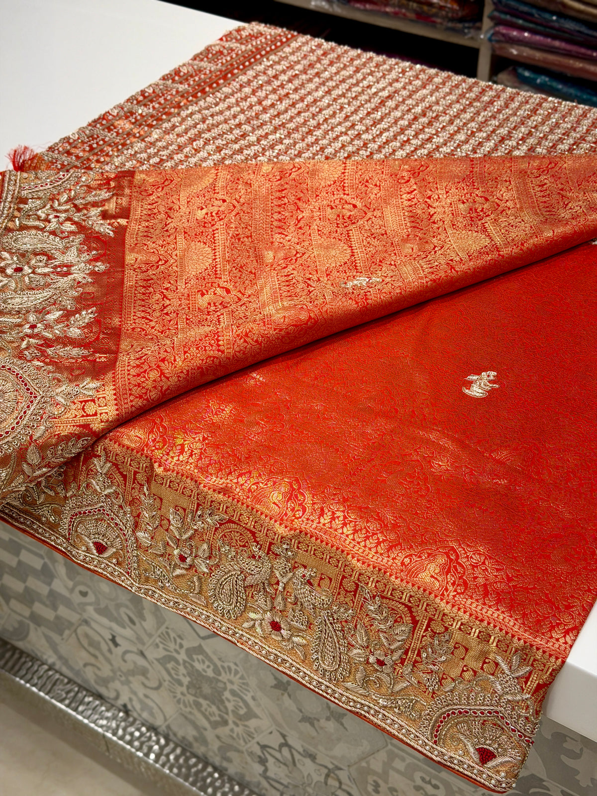 Red Kanjivaram Peacock Motif Hand Embroidery Zardosi Saree