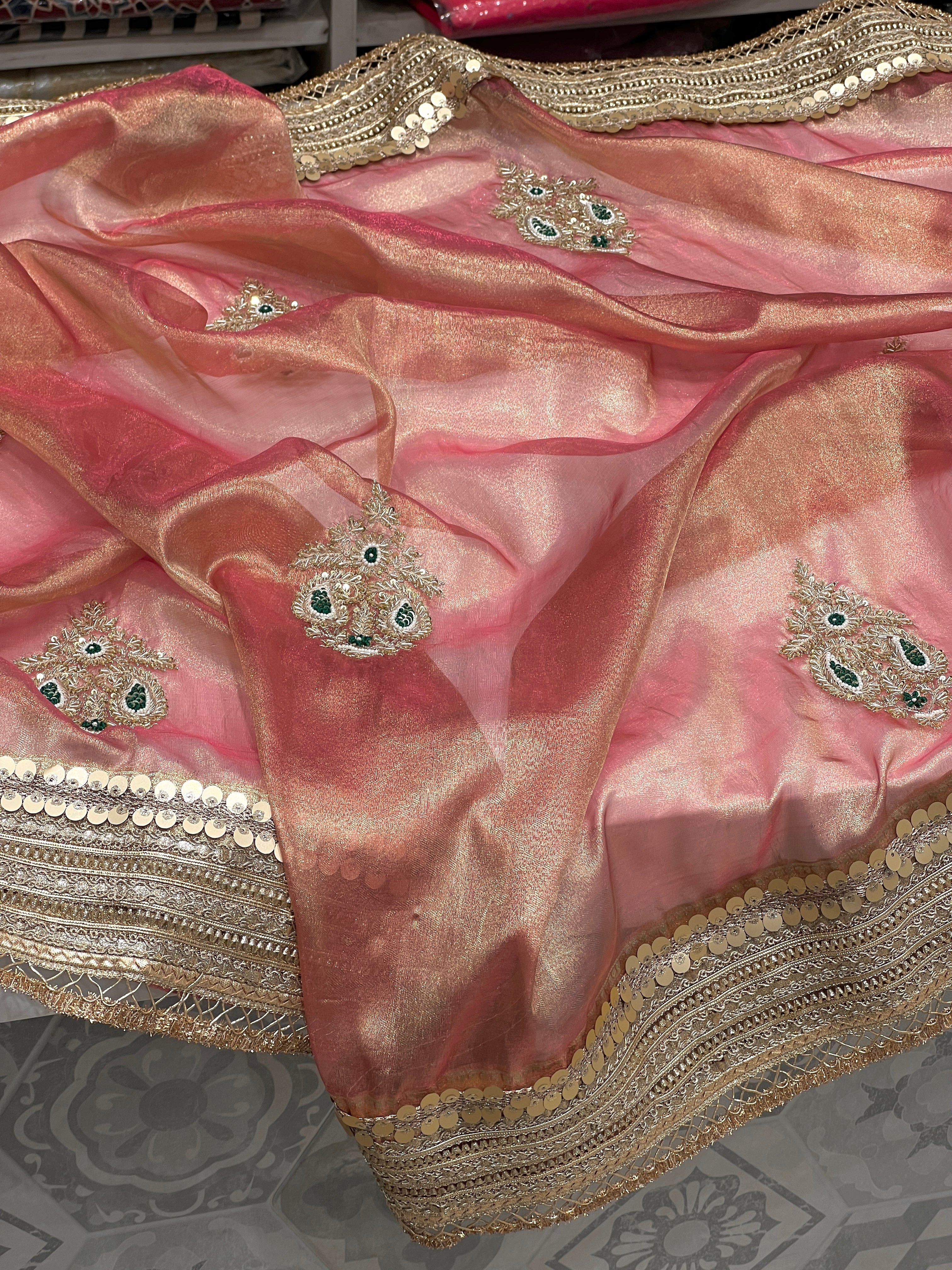 Reddish Pink Tissue Zardozi Butta Saree