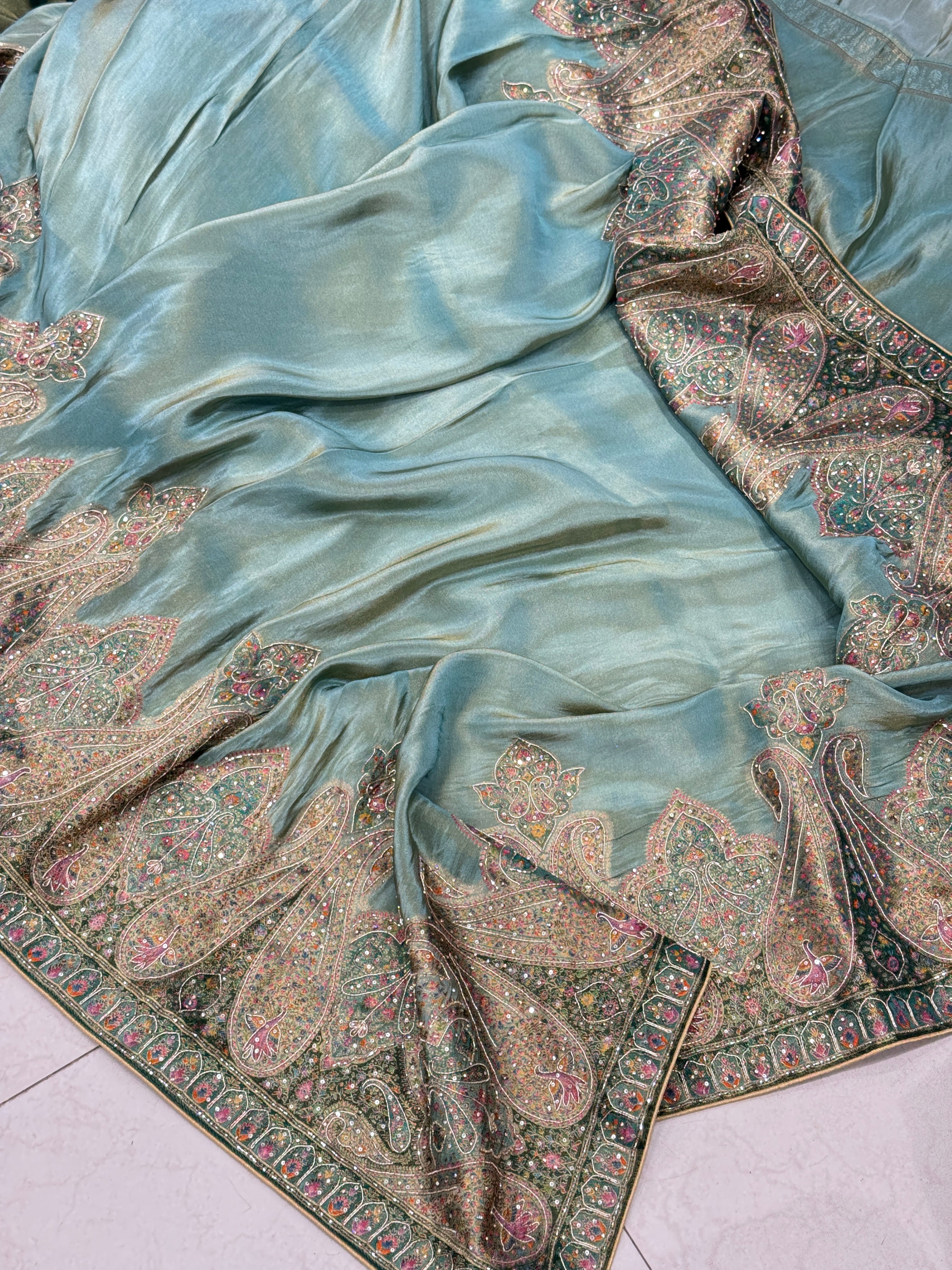 Sea Green Crepe Tissue Pashmina Style Embroidery Saree