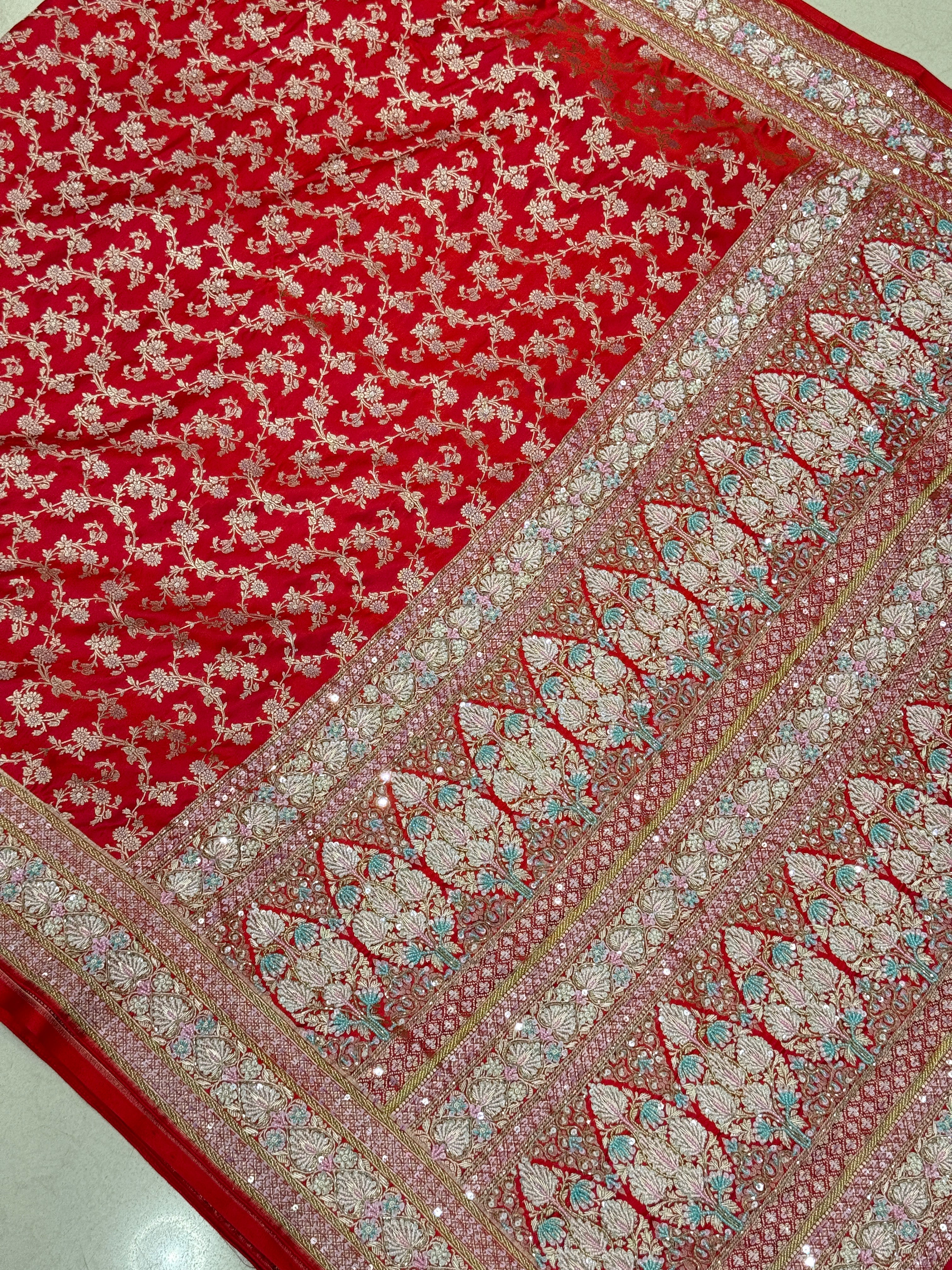 Red Banarasi Silk Heart Border Fancy Hand Embroidery Saree