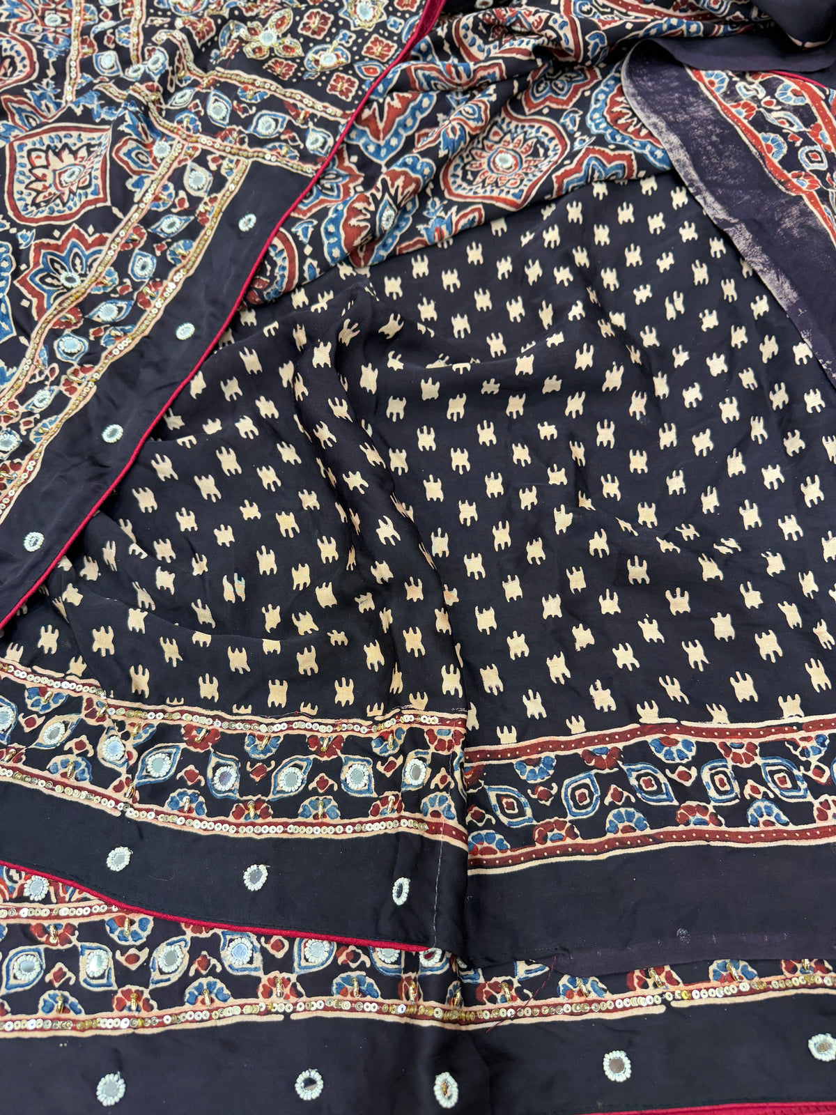 Black Badam Jaal Ajrakh Real Mirror Moti Sequin Hand Embroidery Saree