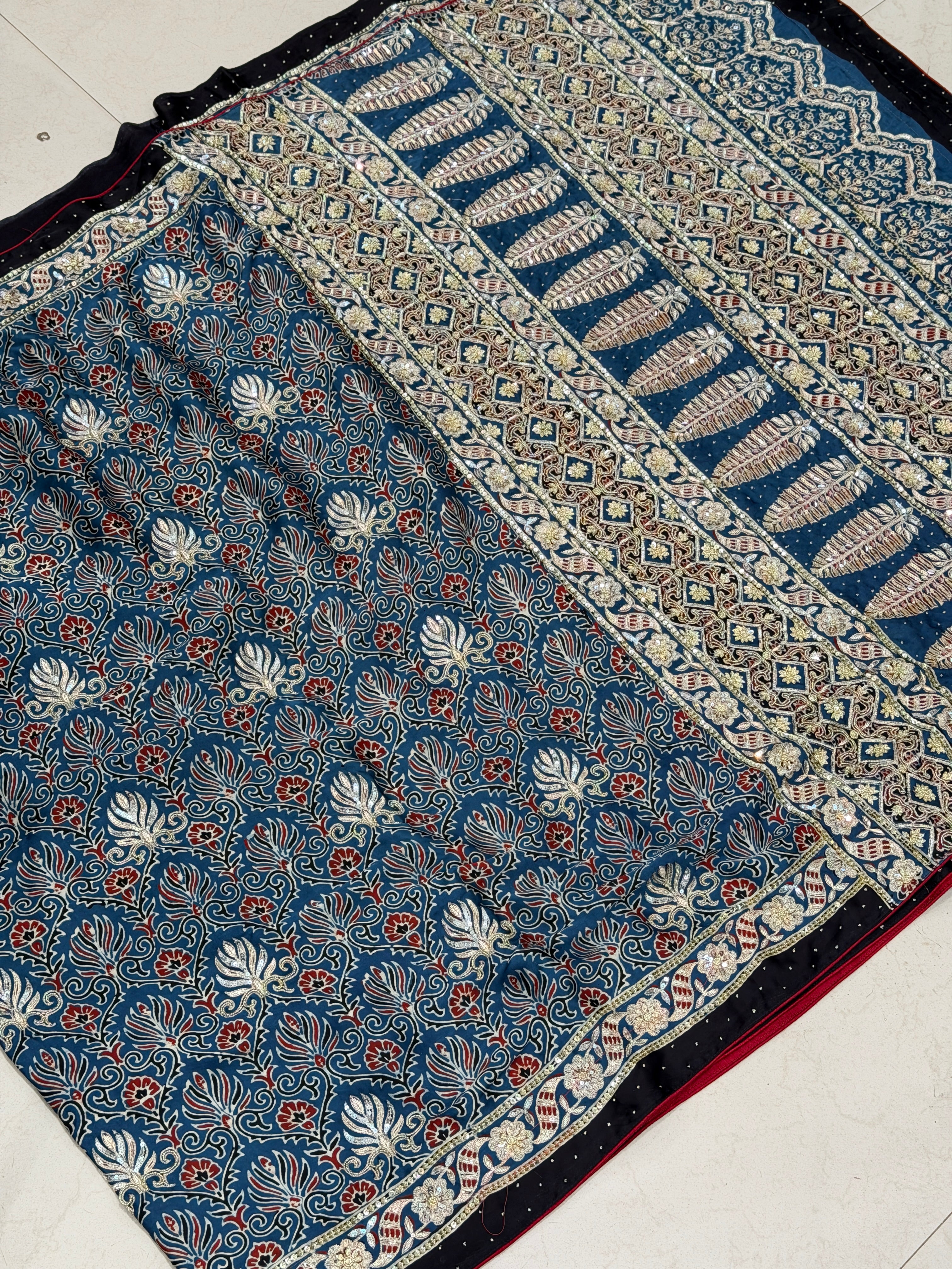 Blue Floral Butta Pita Sequin Ajrakh Hand Embroidery Saree