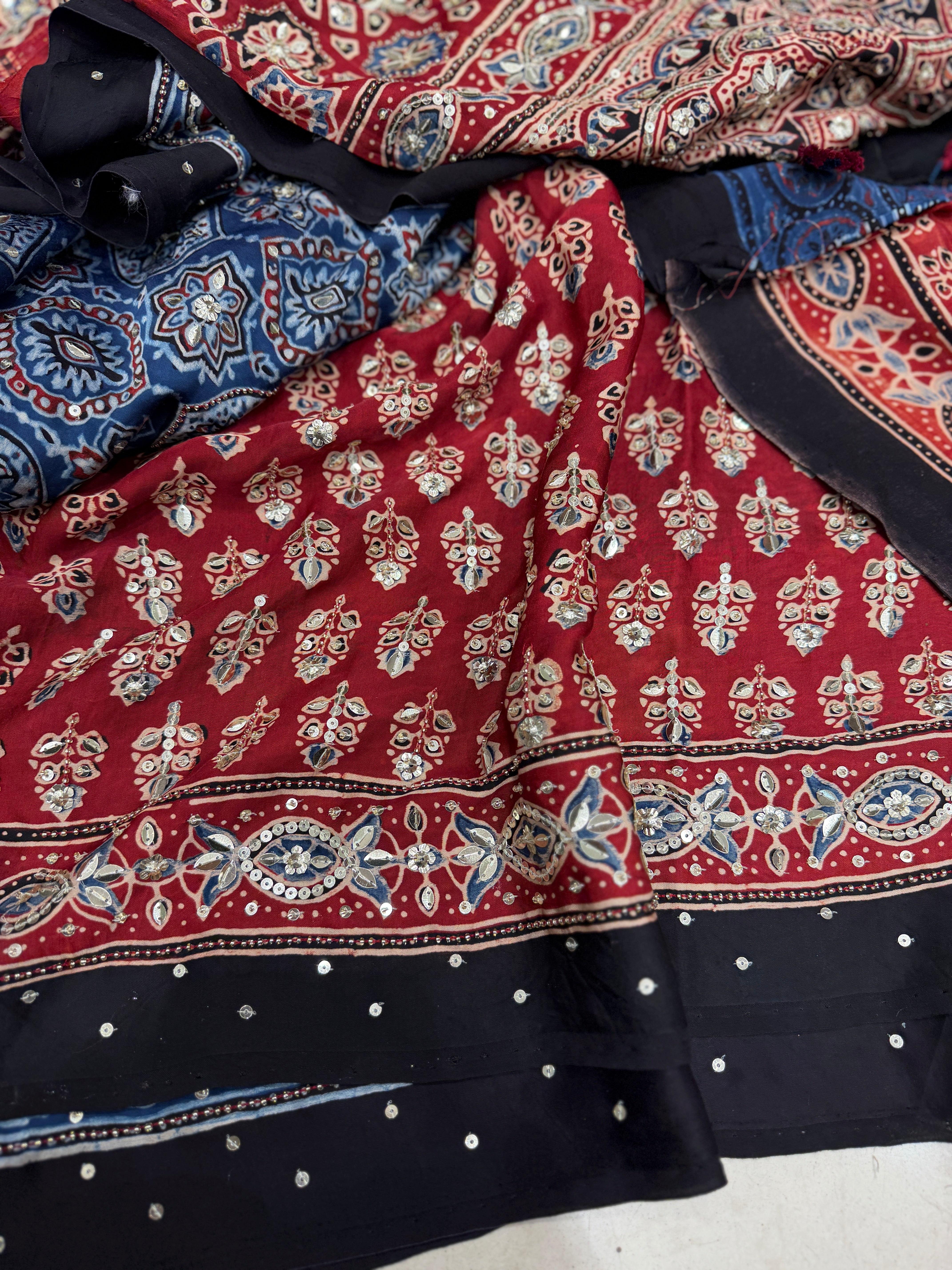 Blue Red Badam Butta Moti Sequin Ajrakh Hand Embroidery Saree