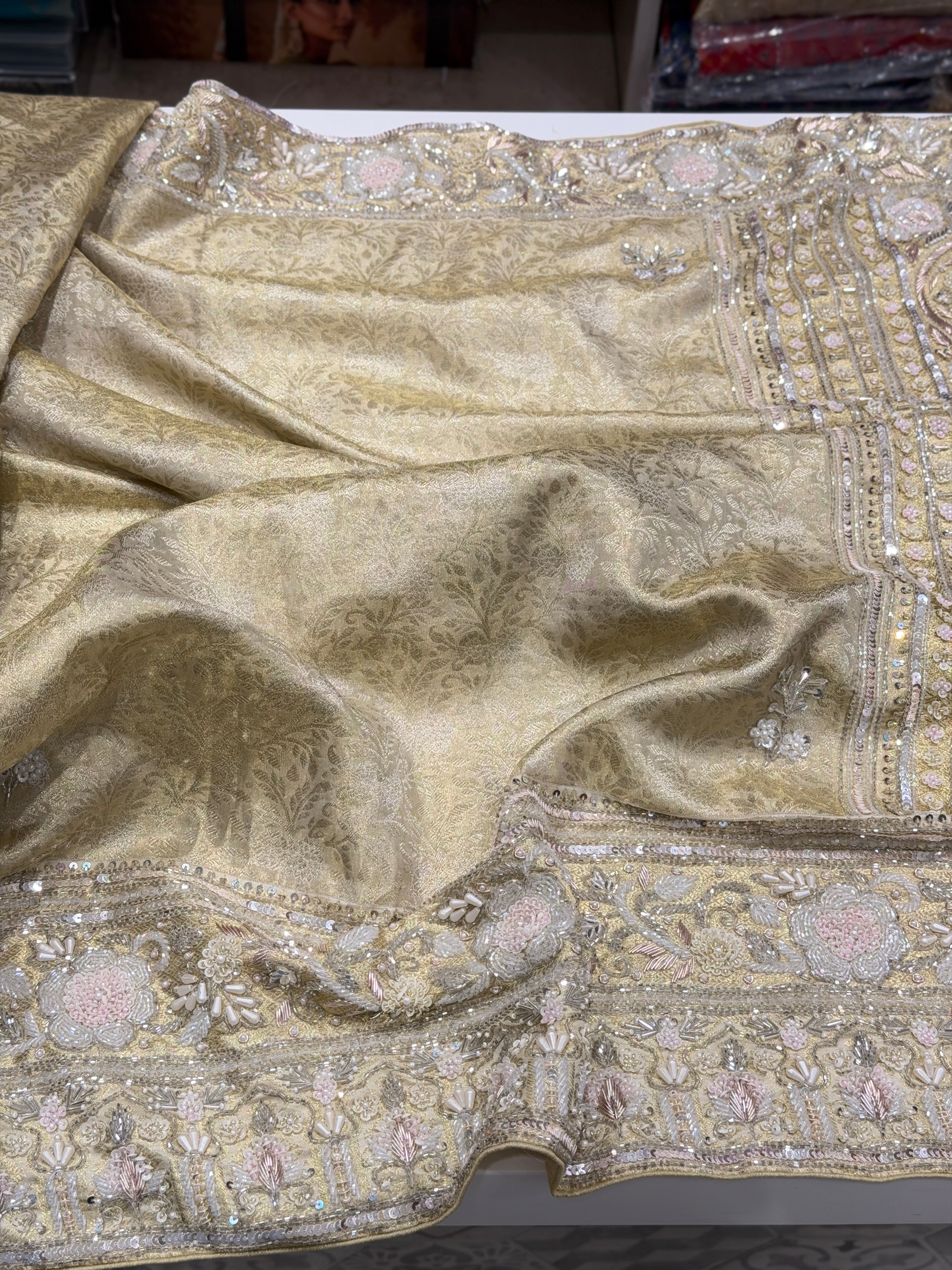 Light Golden Kanjivaram Moti Zardosi Hand Embroidery Saree
