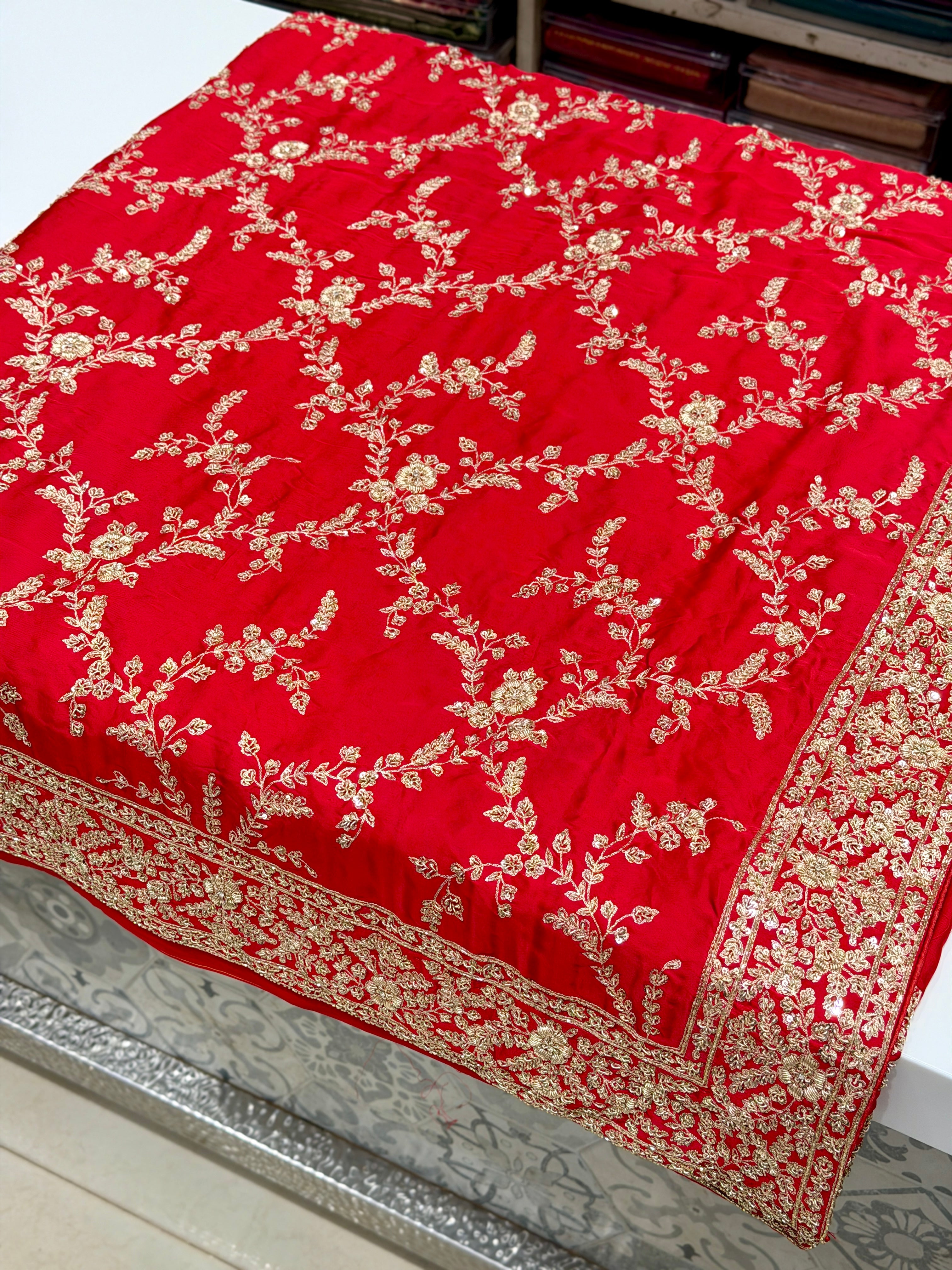 Red Pure Satin Silk Zardosi Hand Embroidery Jaal Saree