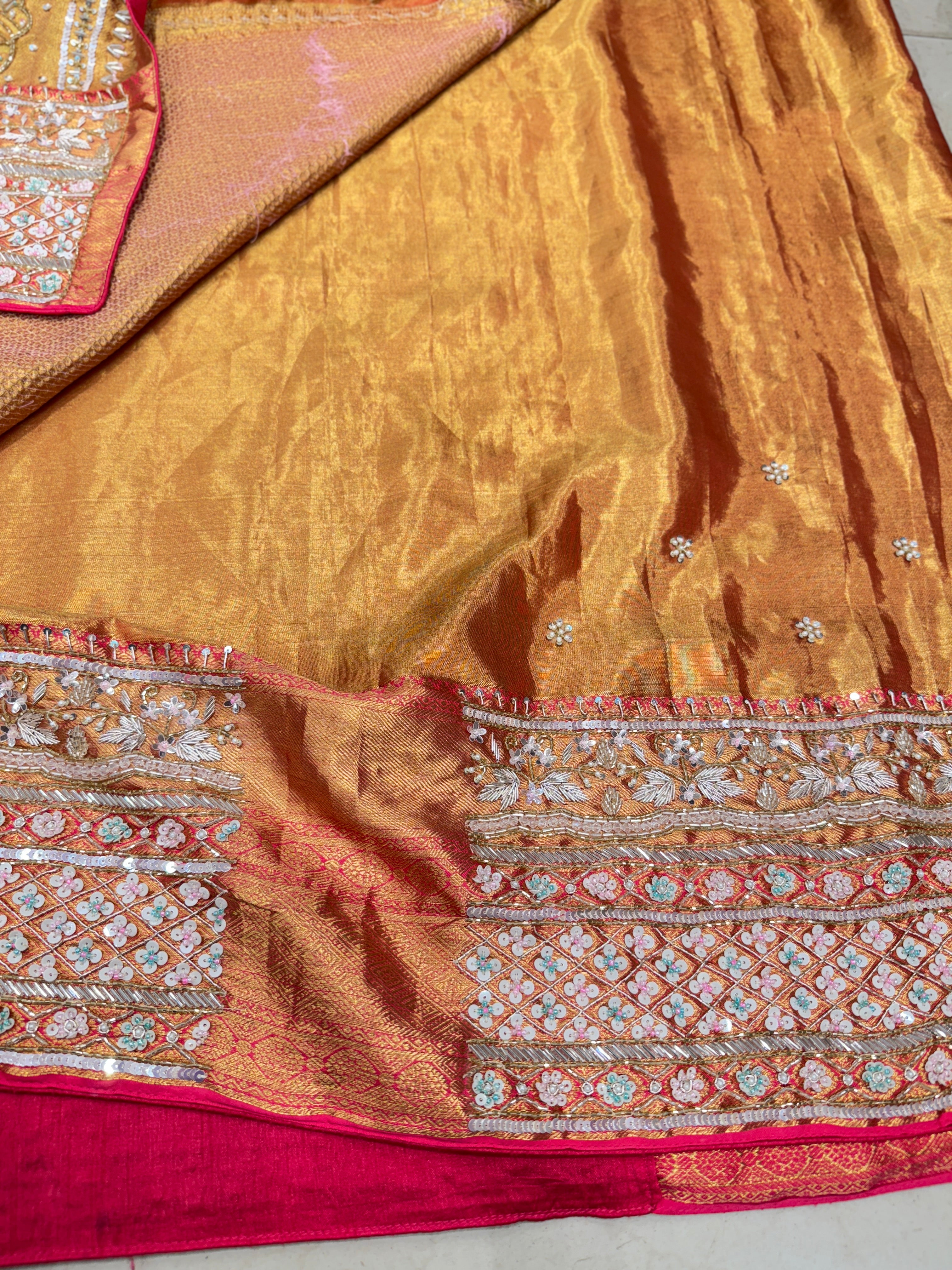 Pista Green Rani Tissue Kanjivaram Hand Embroidery Saree