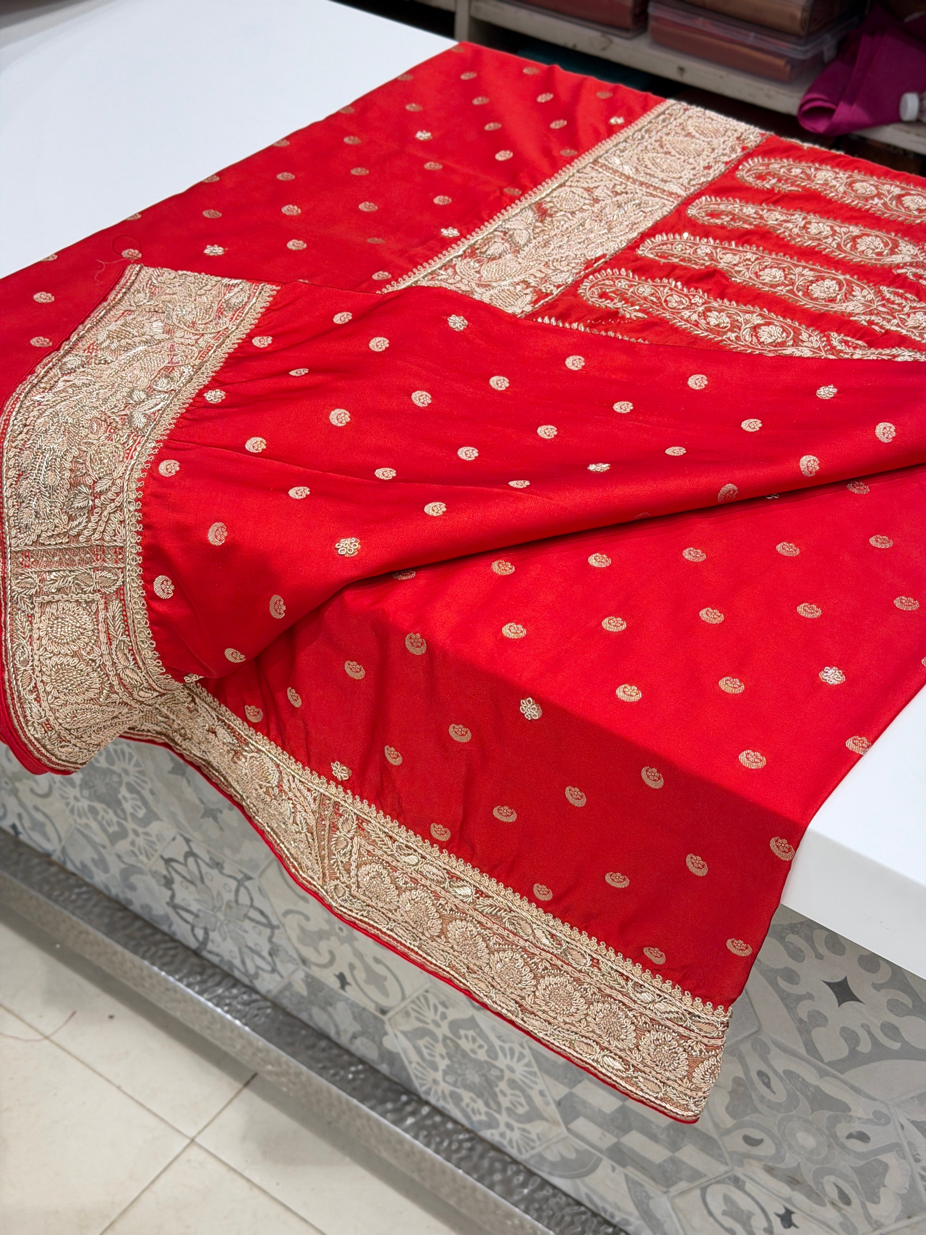 Red Chand Butti Zardosi Hand Embroidery Saree