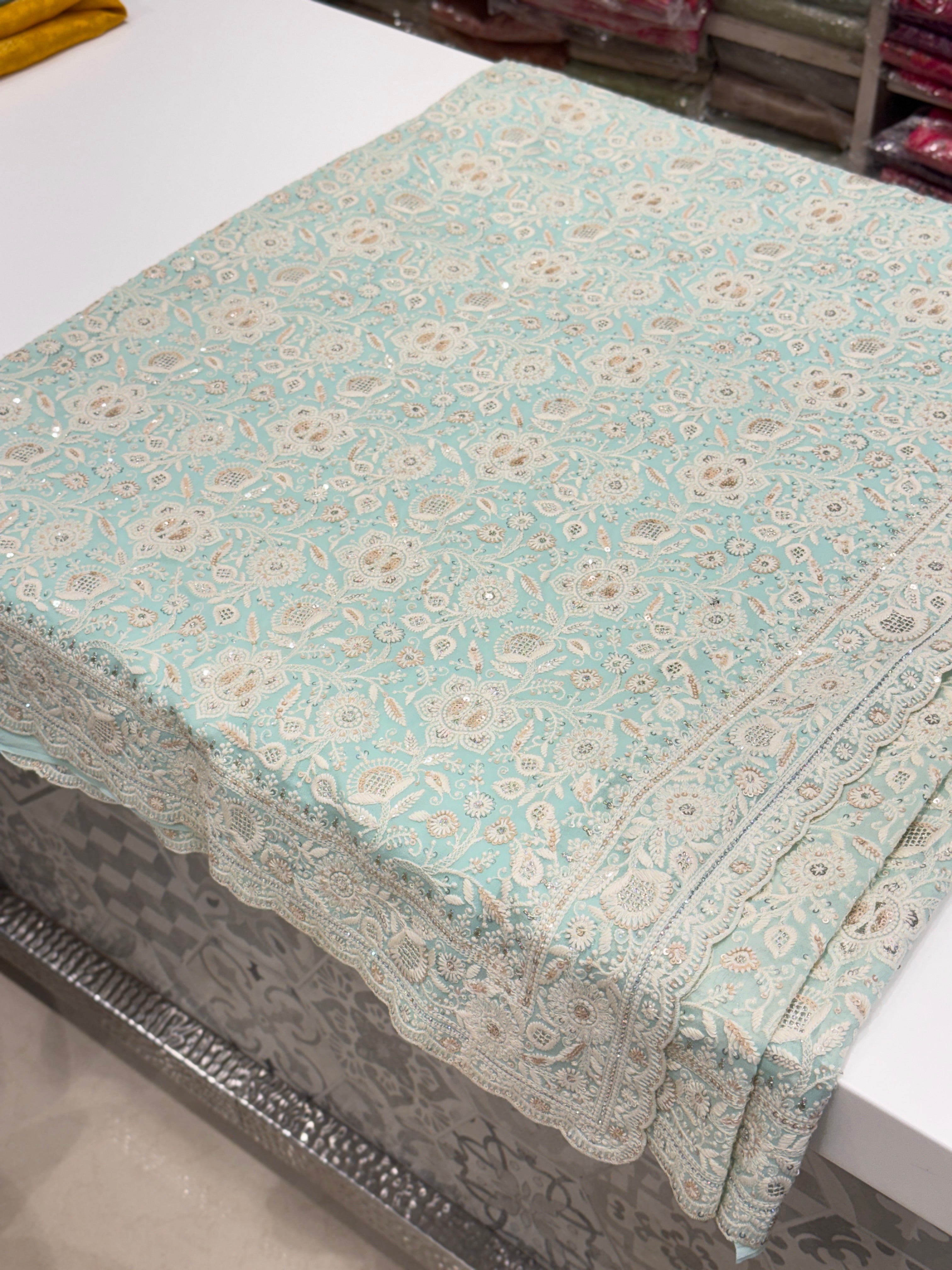 Blue Chikankari Small Scallop Design Saree
