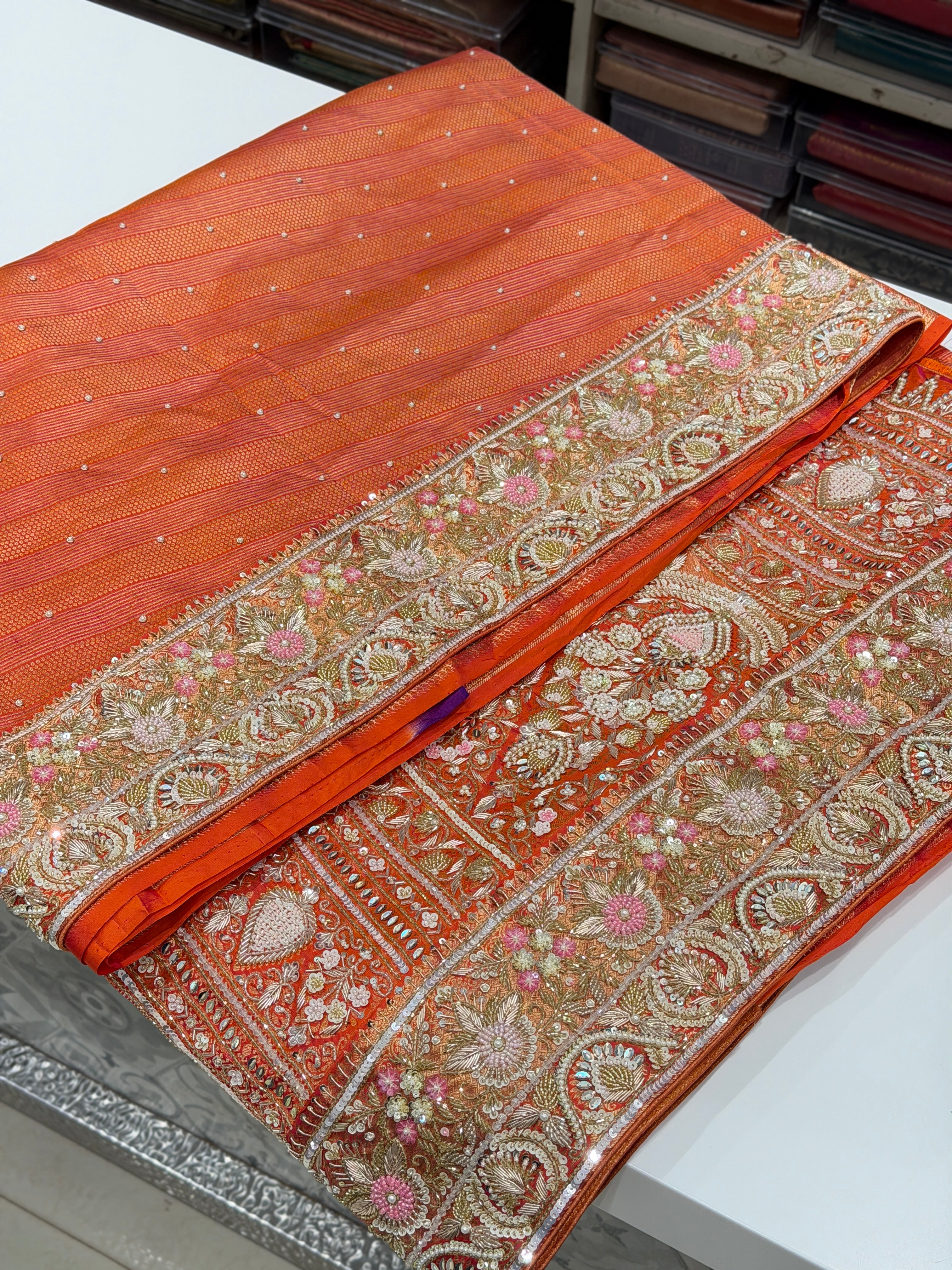 Orange Kanjivaram Moti Zardosi Hand Embroidery Saree