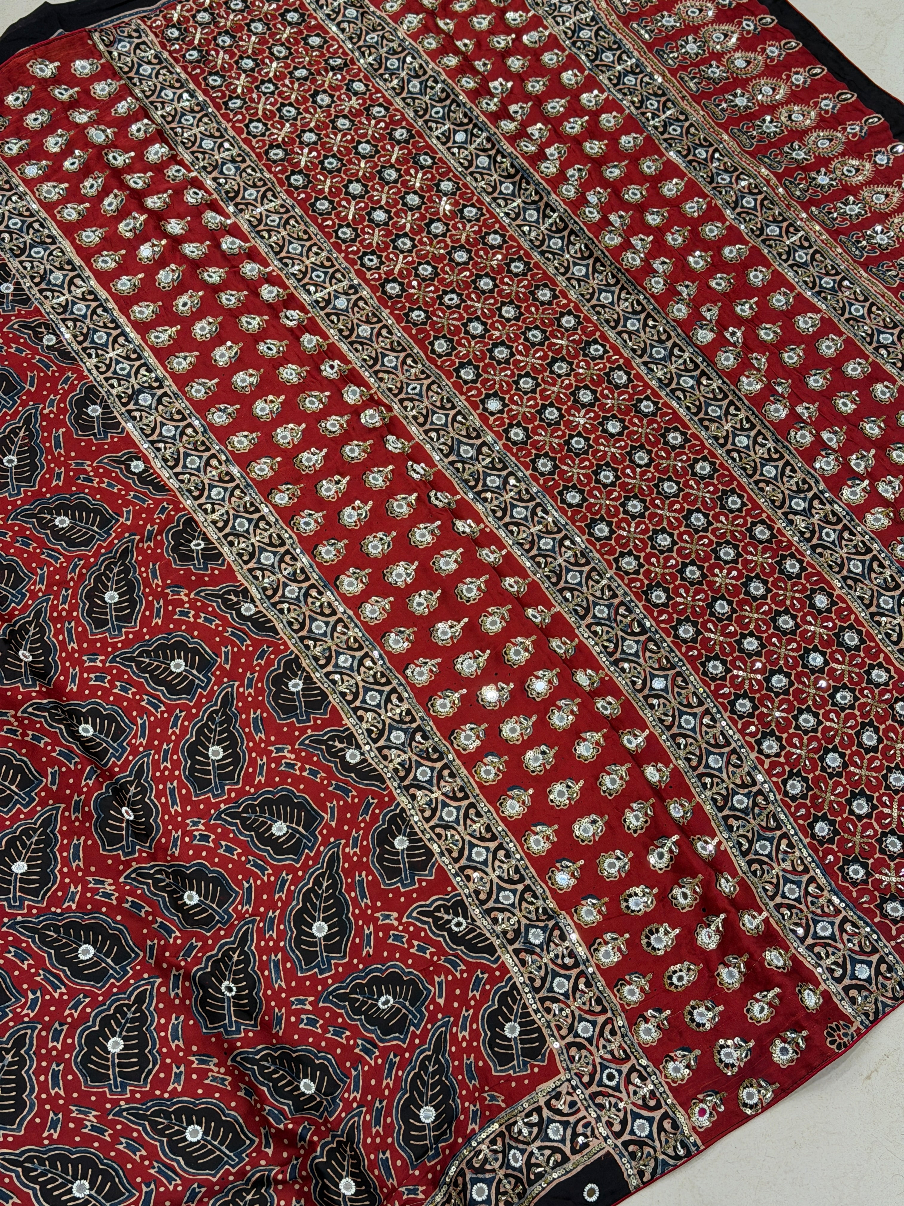 Red Leaf Buttas Ajrakh Real Mirror Moti Sequin Hand Embroidery Saree