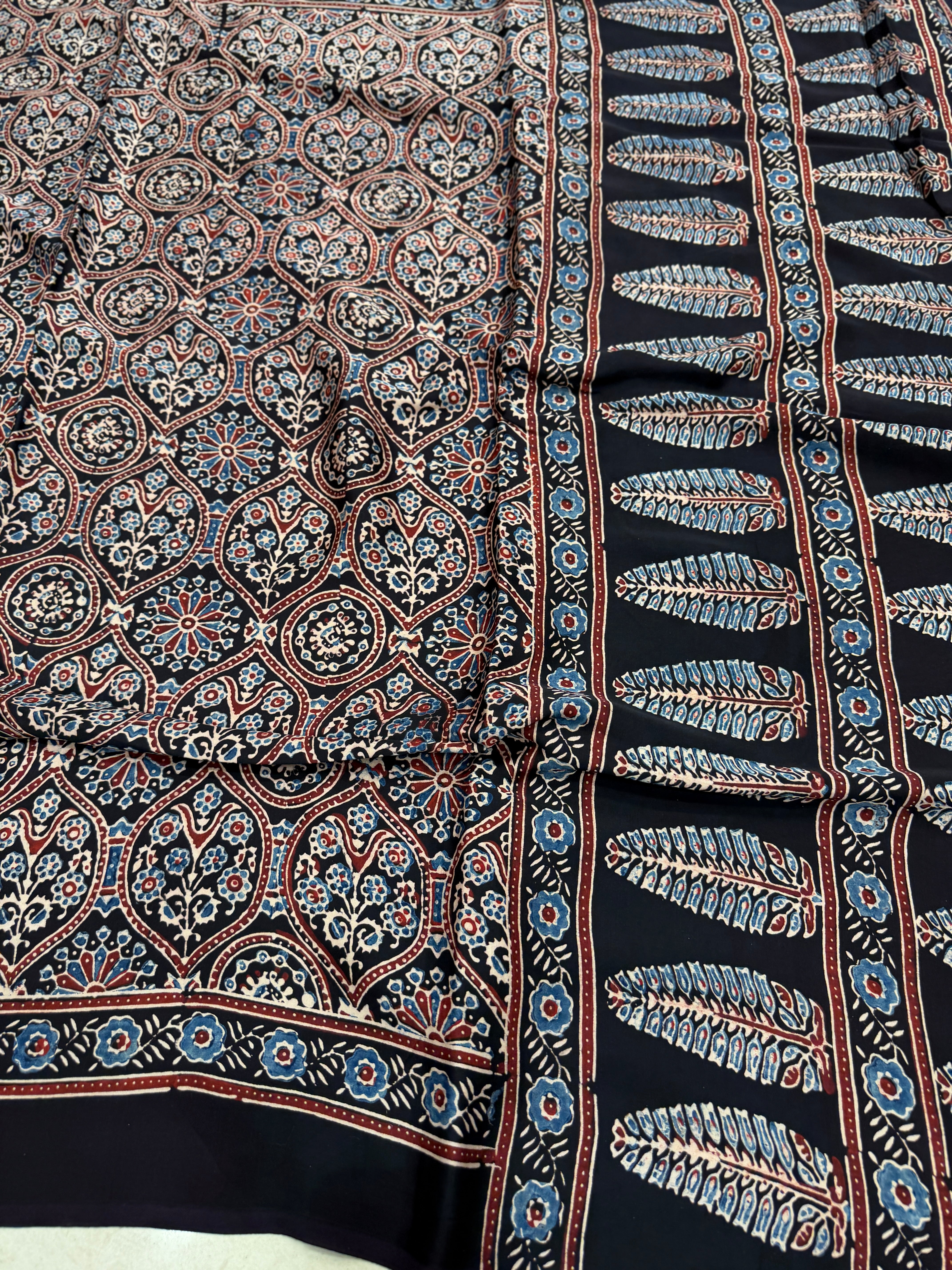 Black Coated Flower Butti Ajrakh Hand Block Print Pure Modal Silk Saree