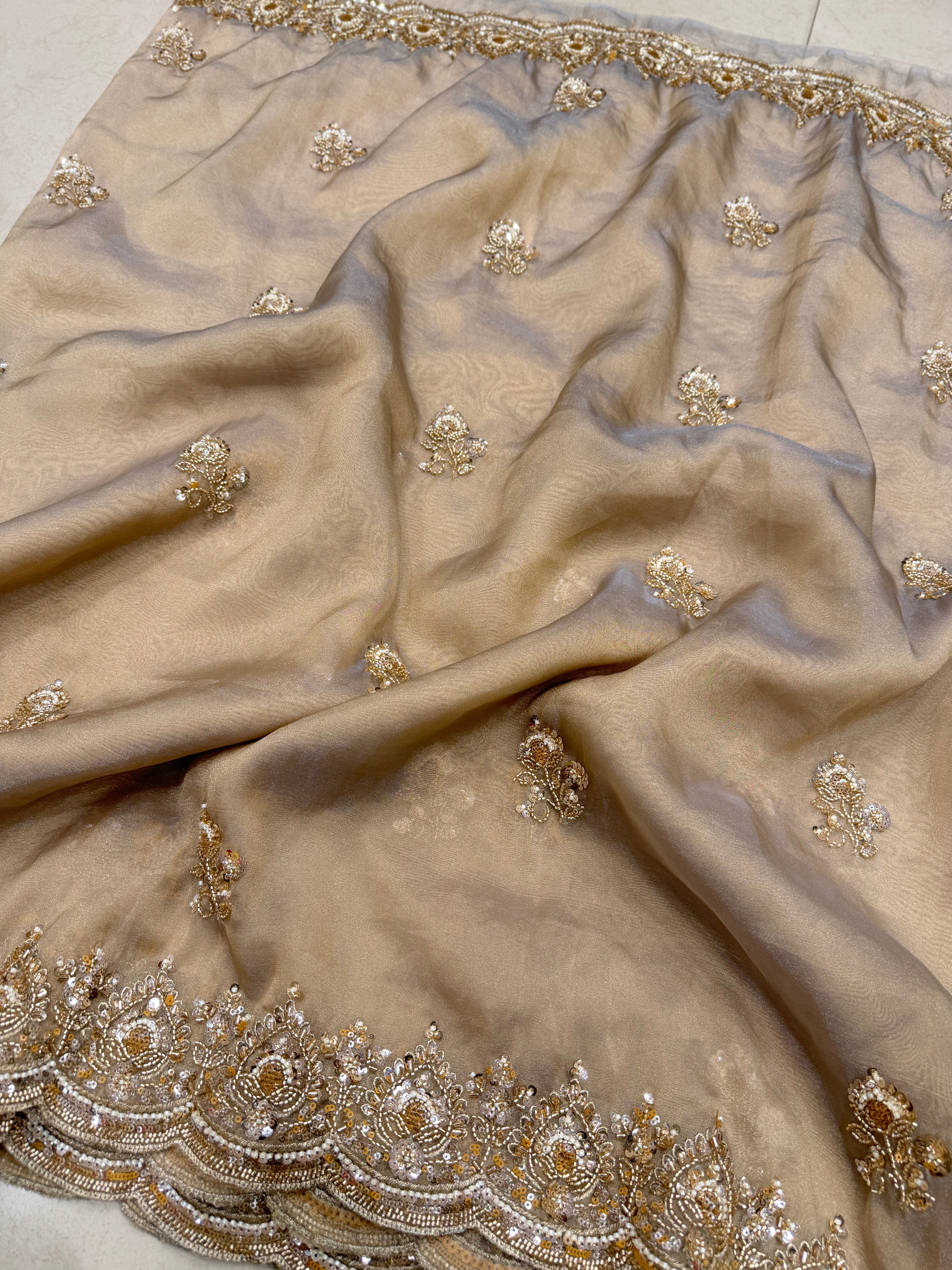 Gold Tissue Organza Moti Sequin Embroidery Heavy Blouse Saree