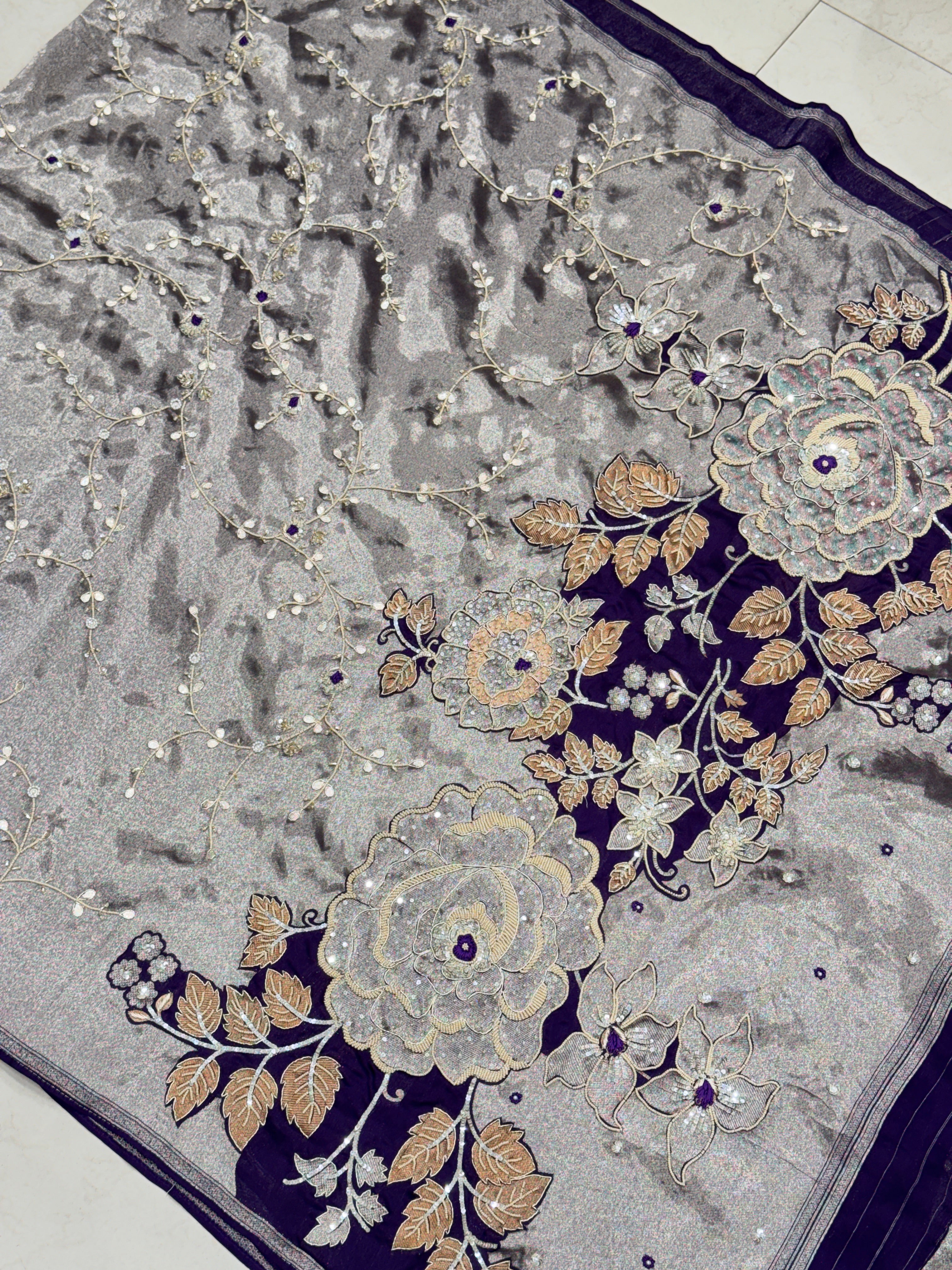 Violet Tissue Floral Pallu Zardosi Embroidery Saree