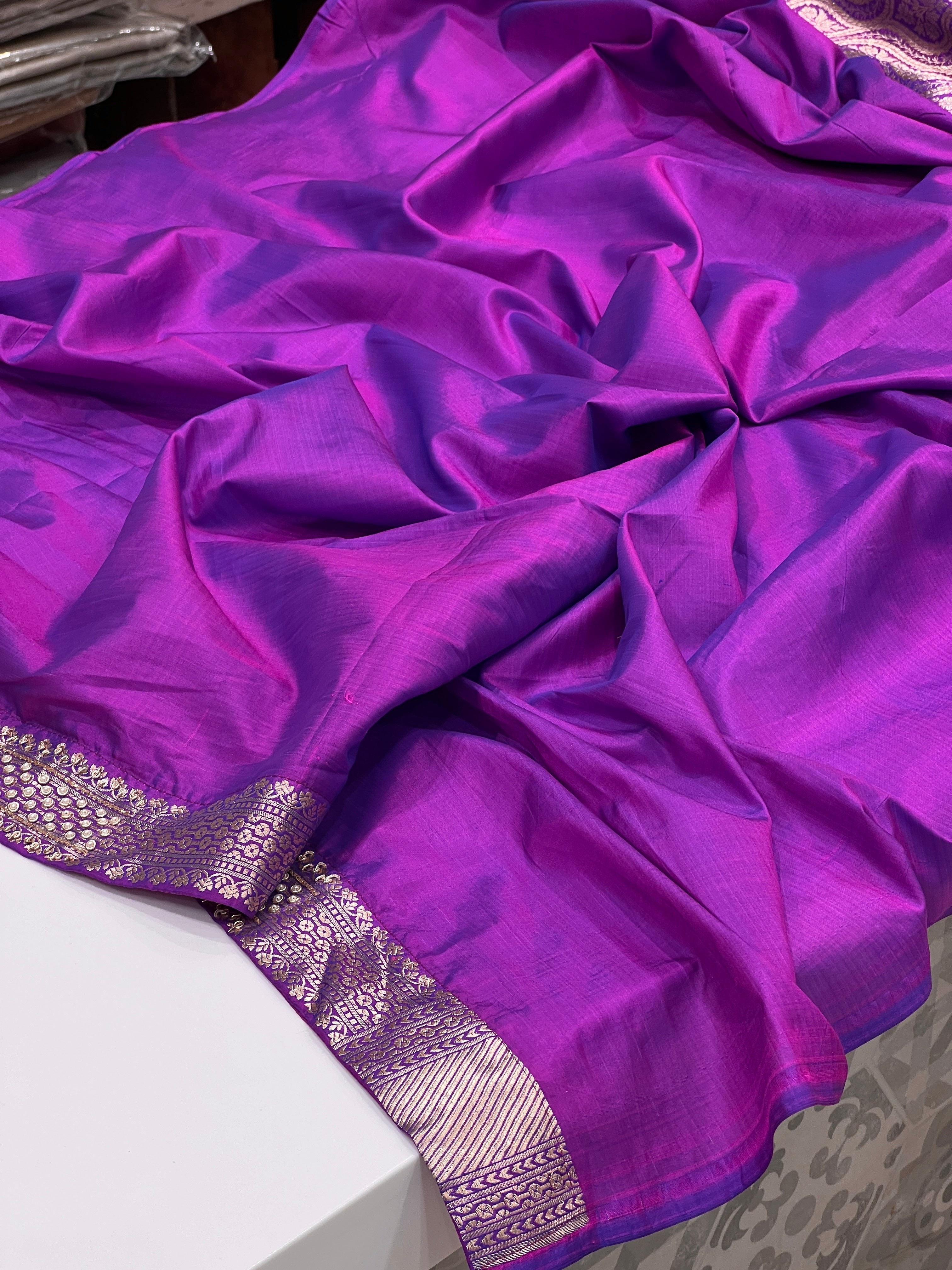 Purple Katan Silk Hand Embroidery Saree