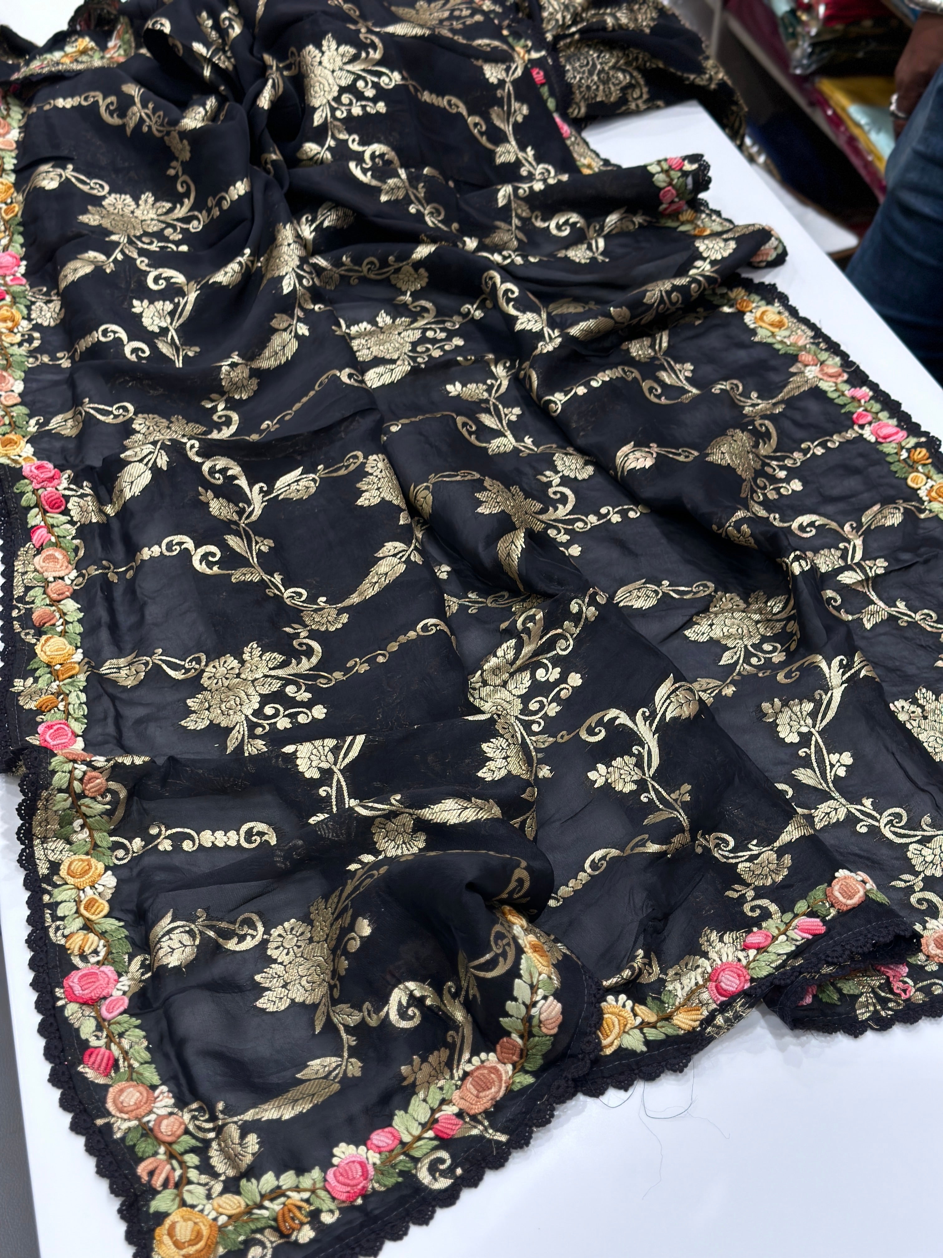 Black Banarasi Satin Organza Knot Embroidery Saree