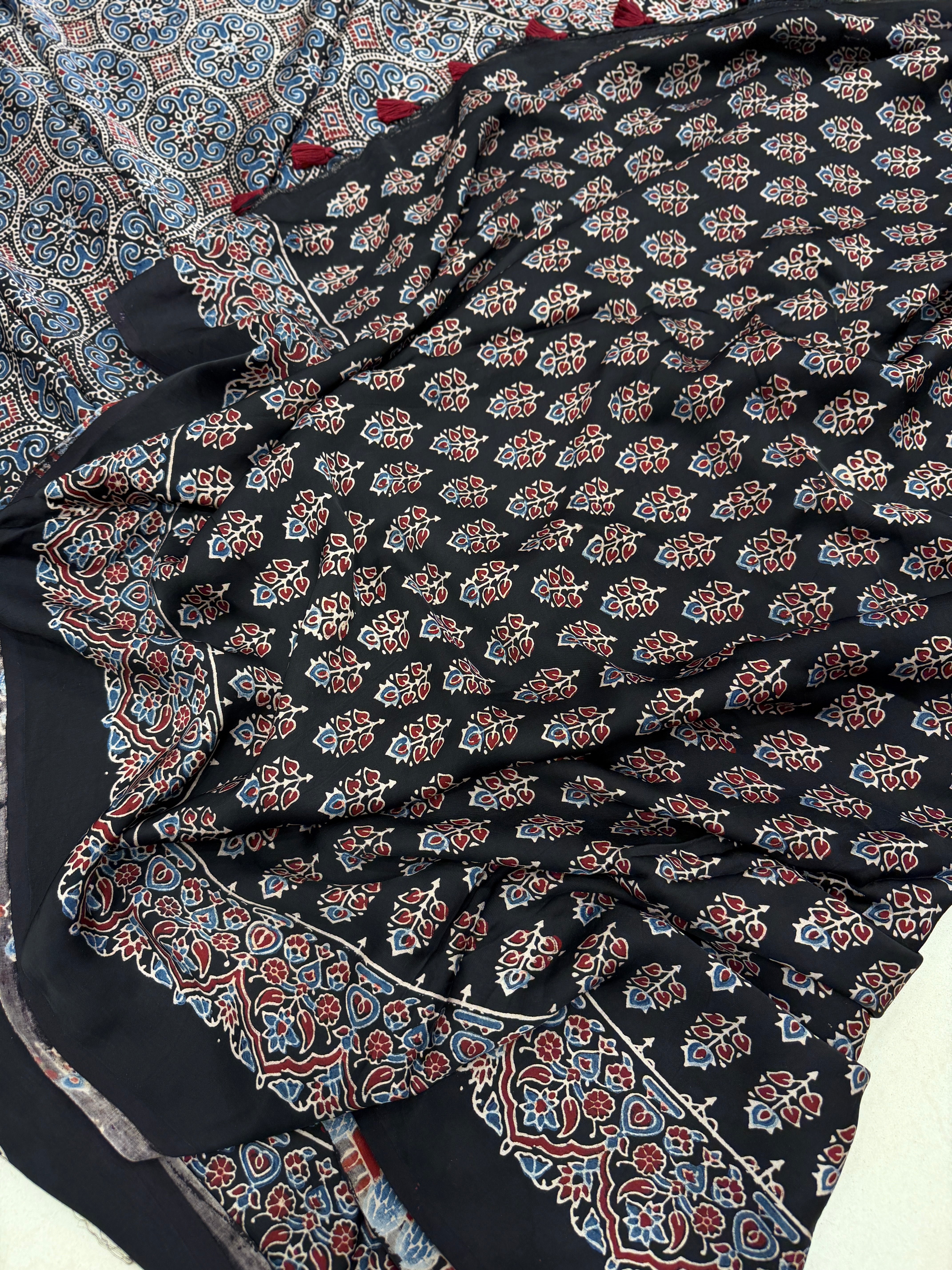 Black Gol Jaal Ajrakh Hand Block Print Pure Gajji Silk Saree