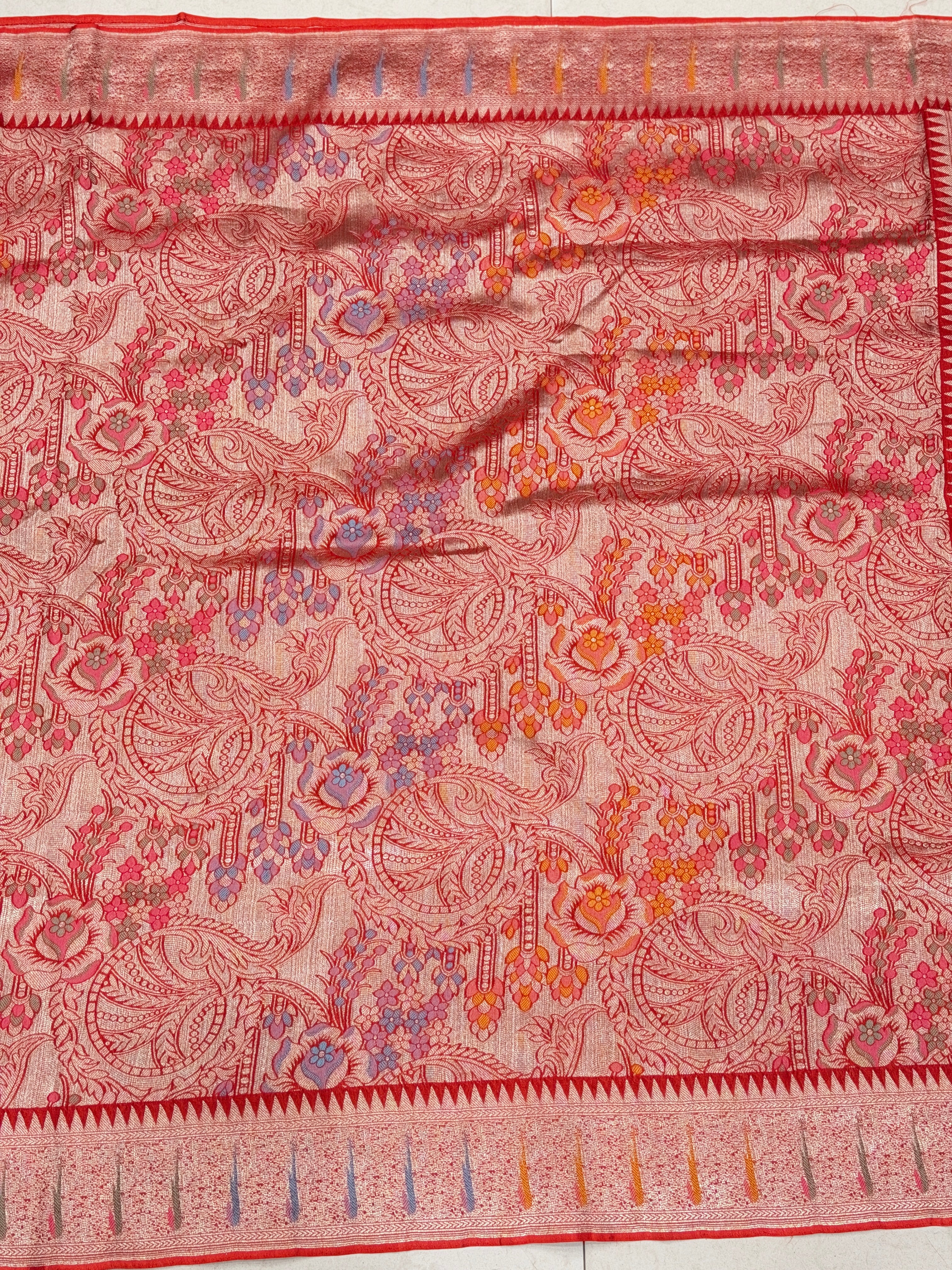 Red Banarasi Munga Tissue Meenakari Saree