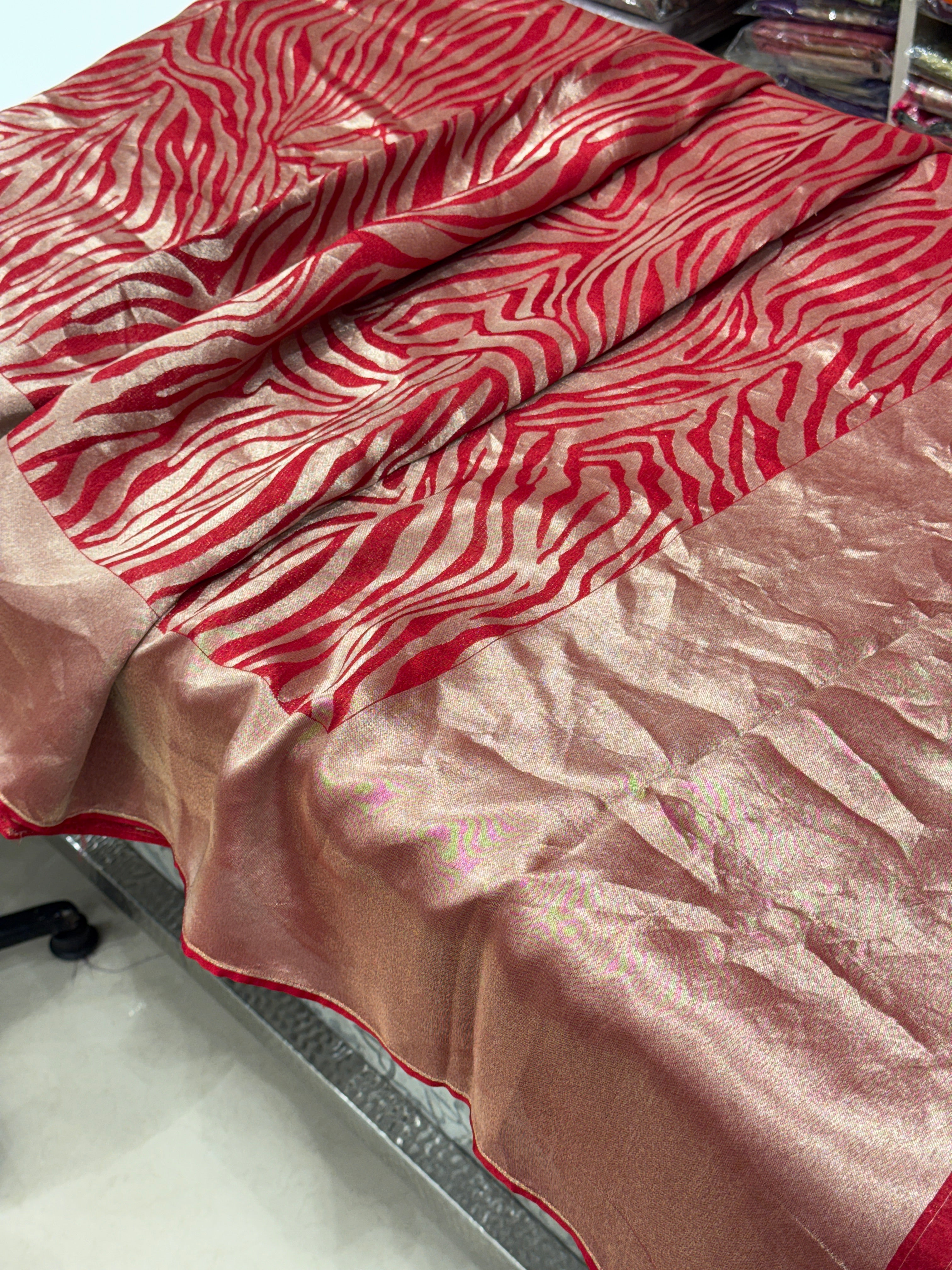 Red Munga Tissue Silk Contemporary Tiger Weave Banarasi Saree