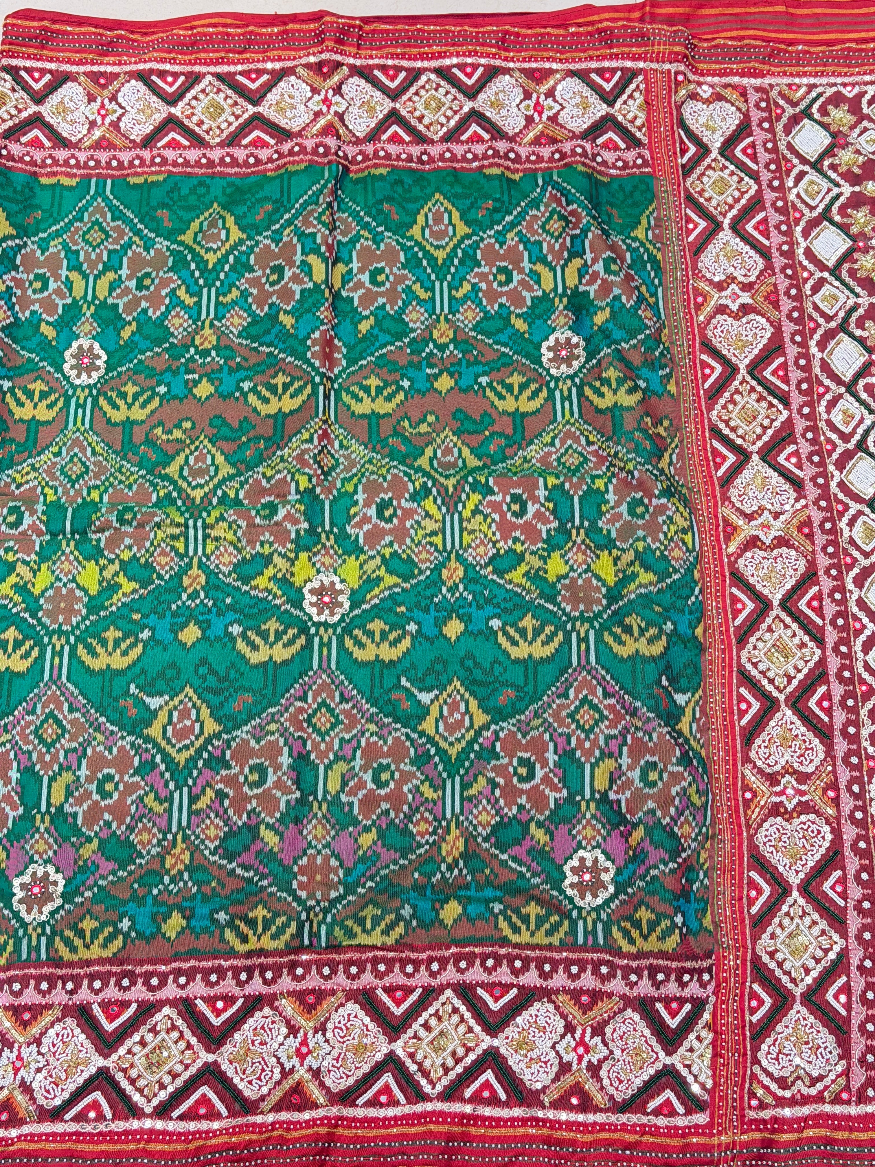 Green Patan Patola Hand Embroidery Kidiya Moti Zardosi Saree
