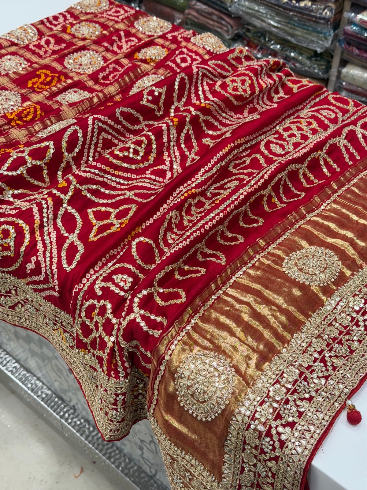 Red Gajji Faabiiana Inspired Marodi Gotapatti Hand Embroidery Saree