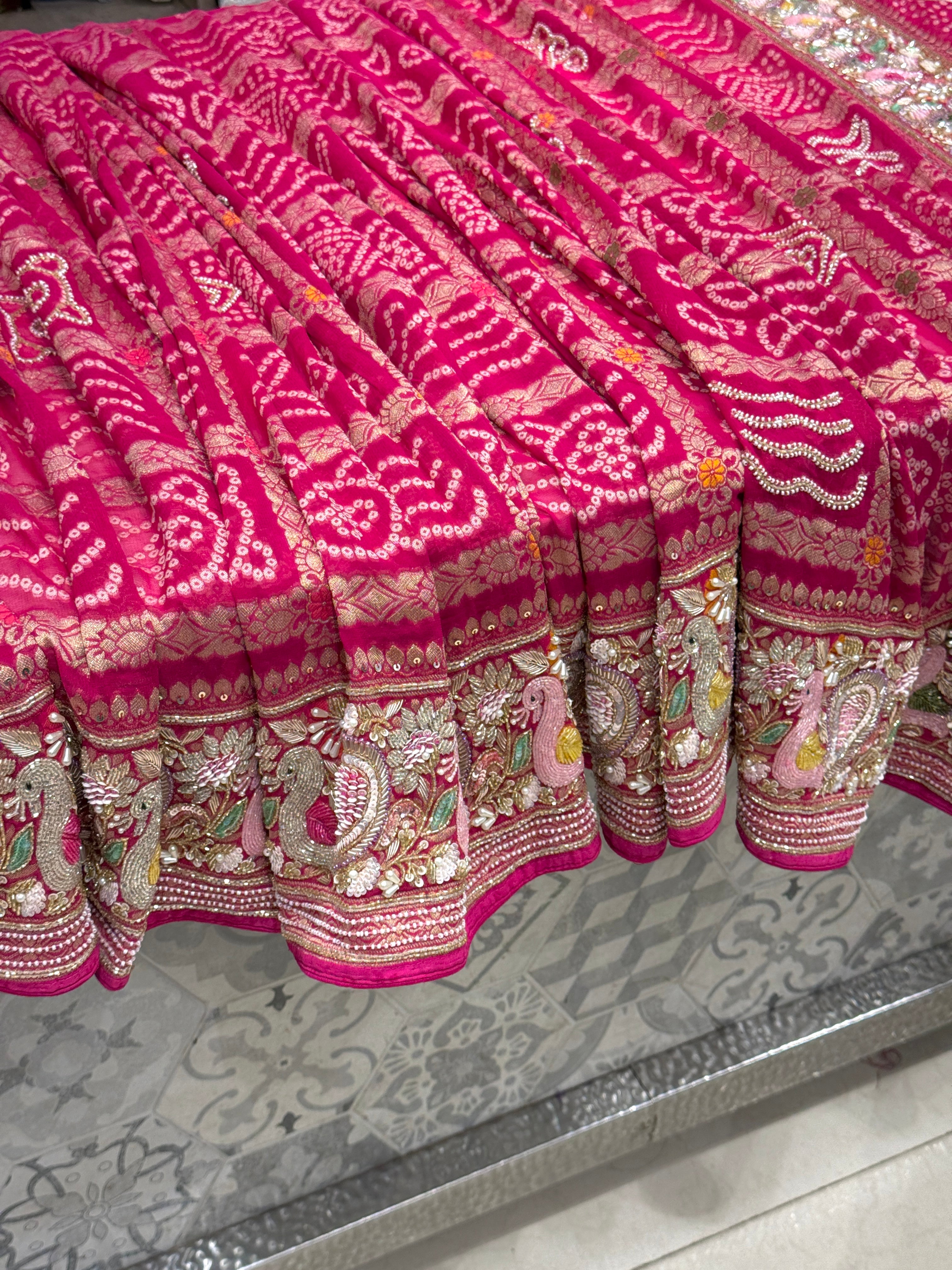 Rani Gharchola Moti Sequin Zardosi Hand Embroidery Georgette Saree