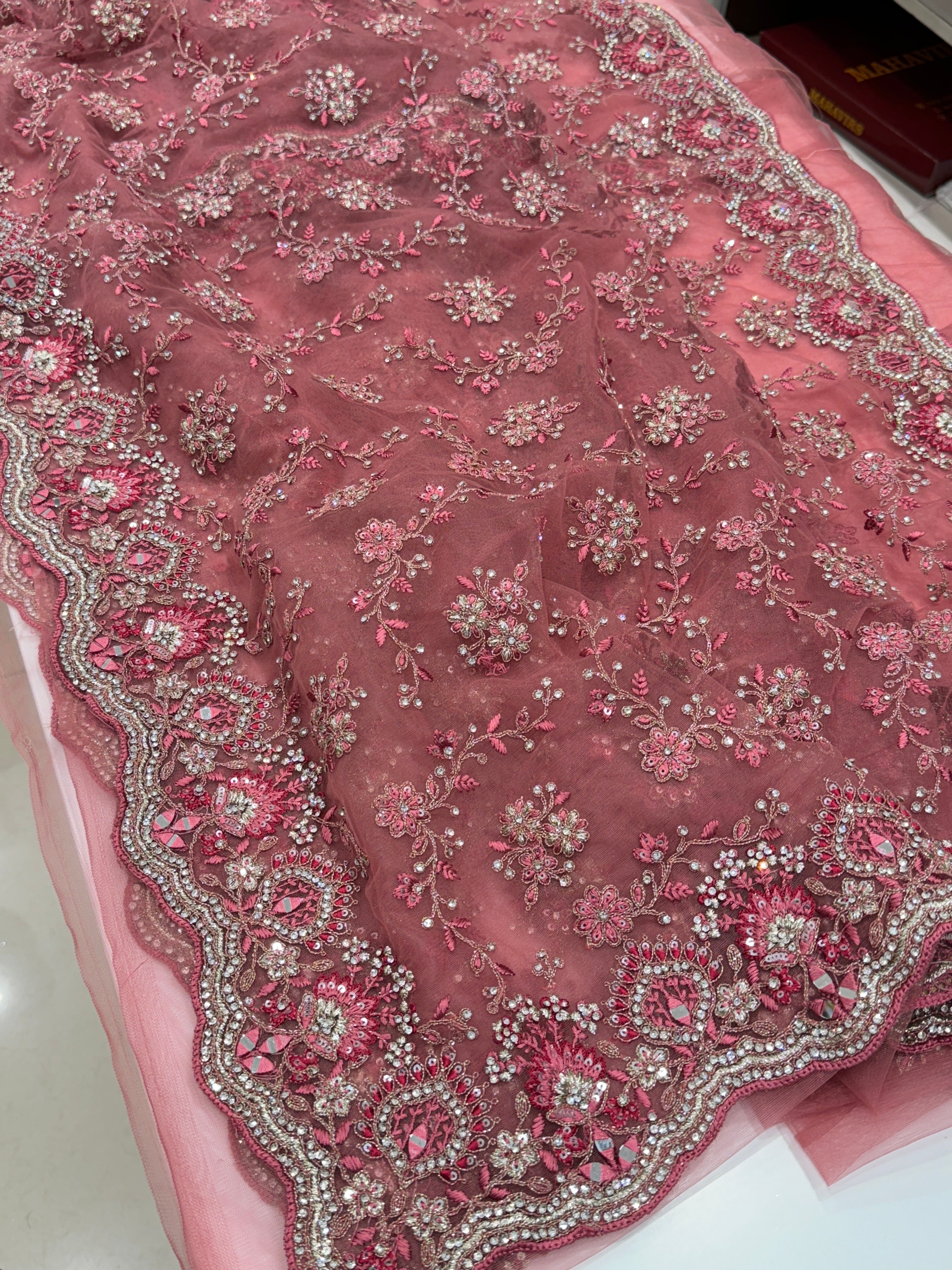 Gajri Pink Soft Net Embroidery Saree
