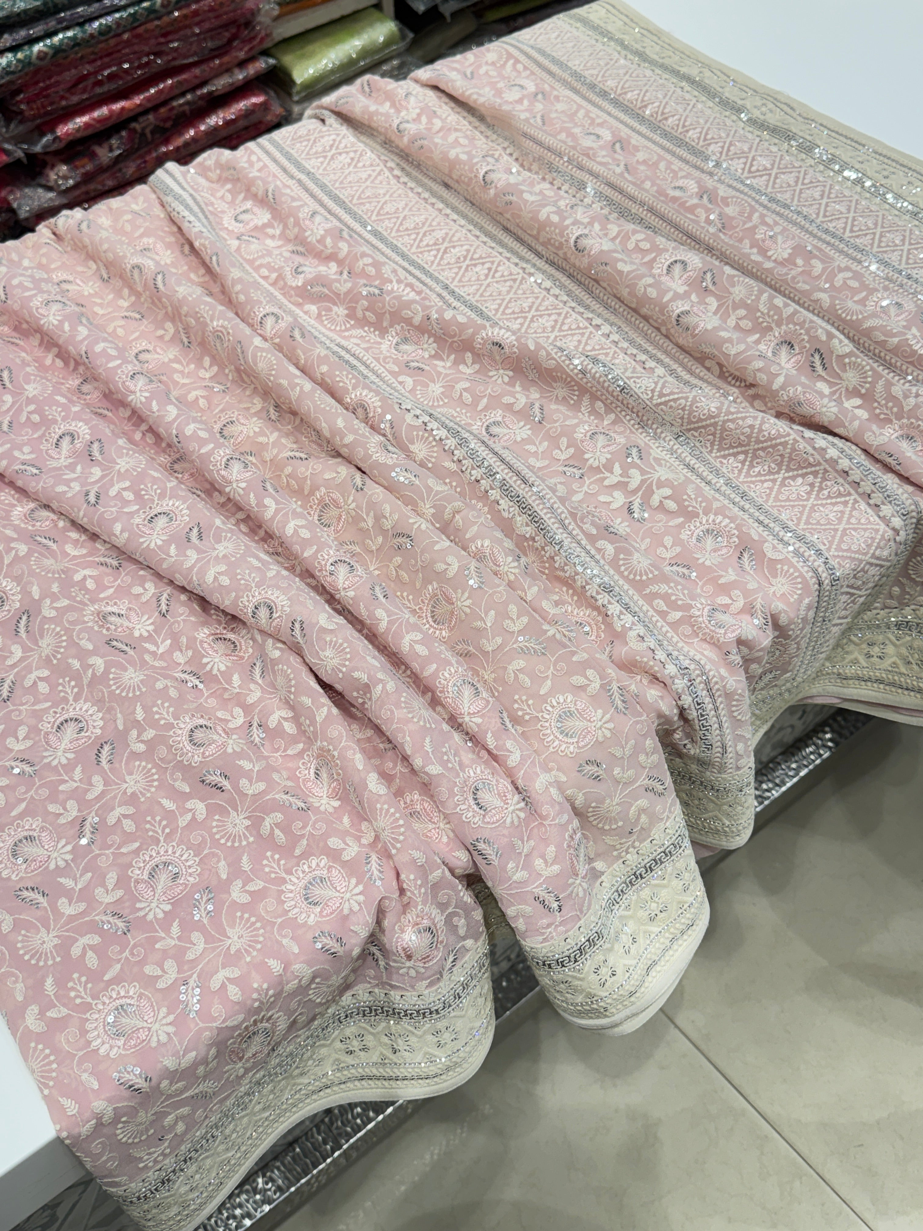 Pink Chikankari Saree Floral Design with Moti Embroidery