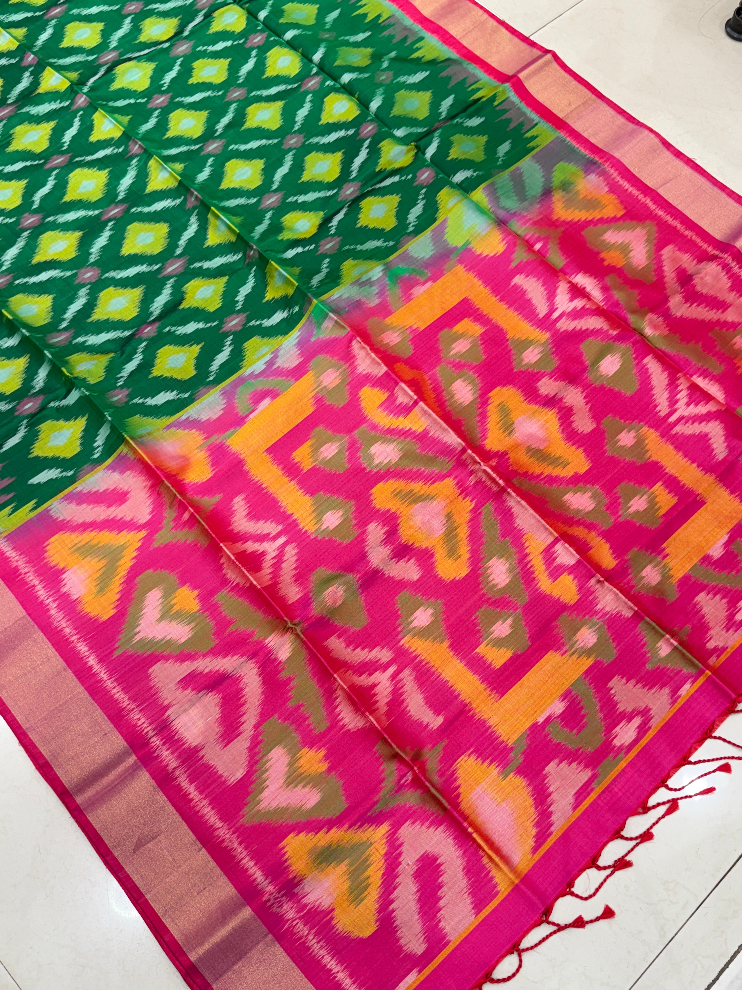 Bottle Green Rani Pochampally Ikat Patola Saree
