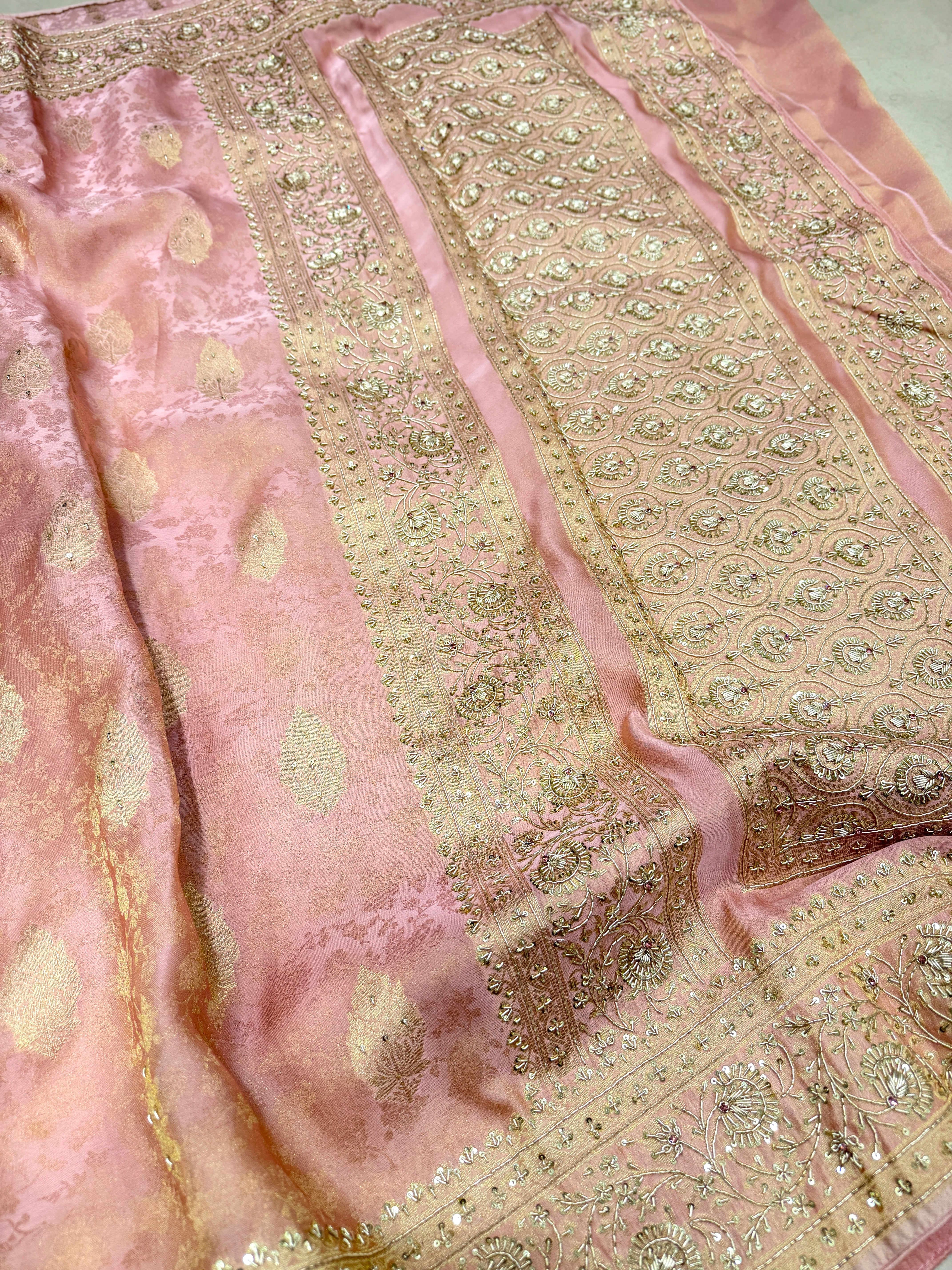 Pink Banarasi Crepe Tissue Zardodi Hand Embroidery Saree