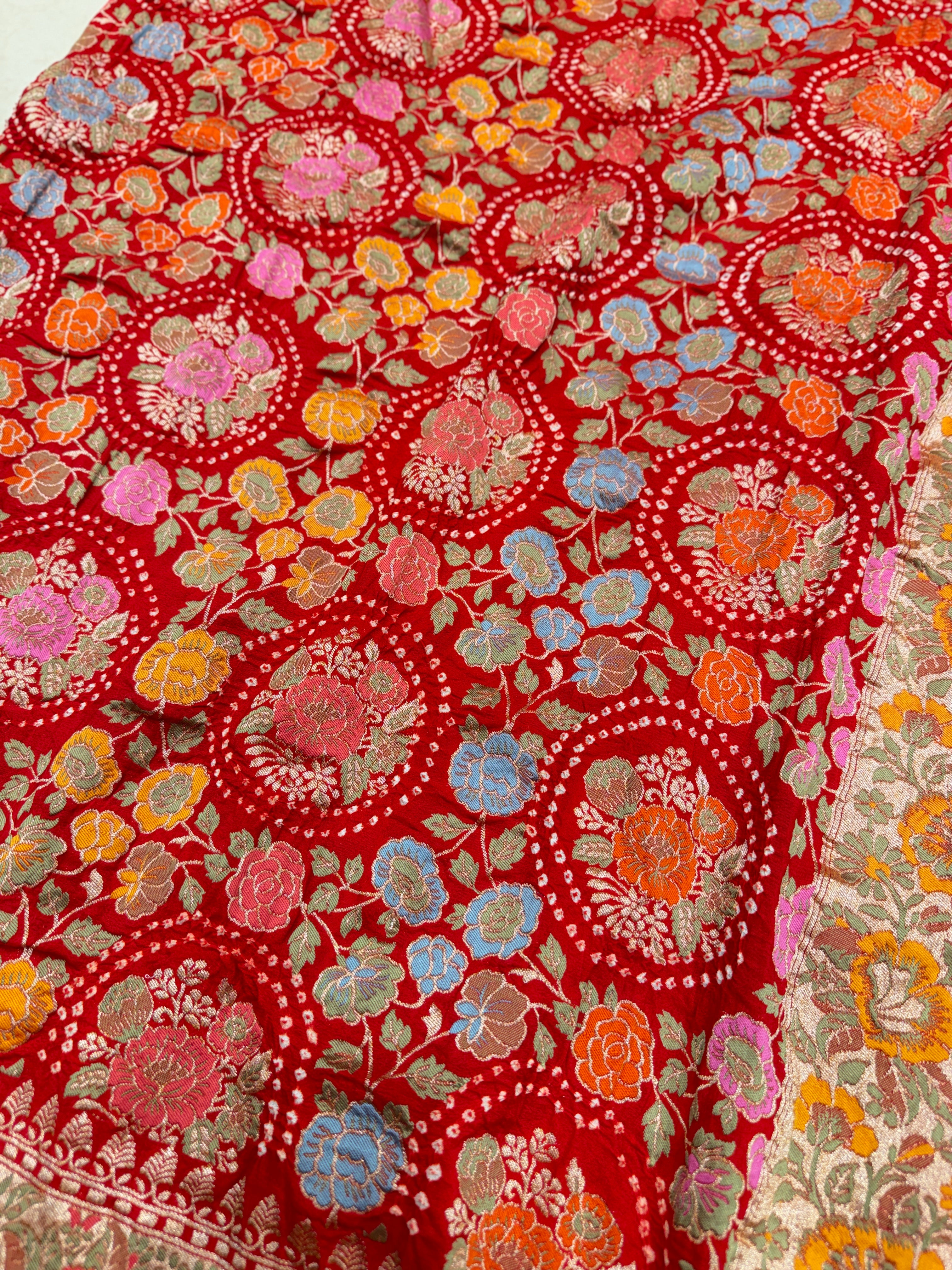 Red Floral Rose Buttas Meenakari Rai Bandhej Bandhini Saree