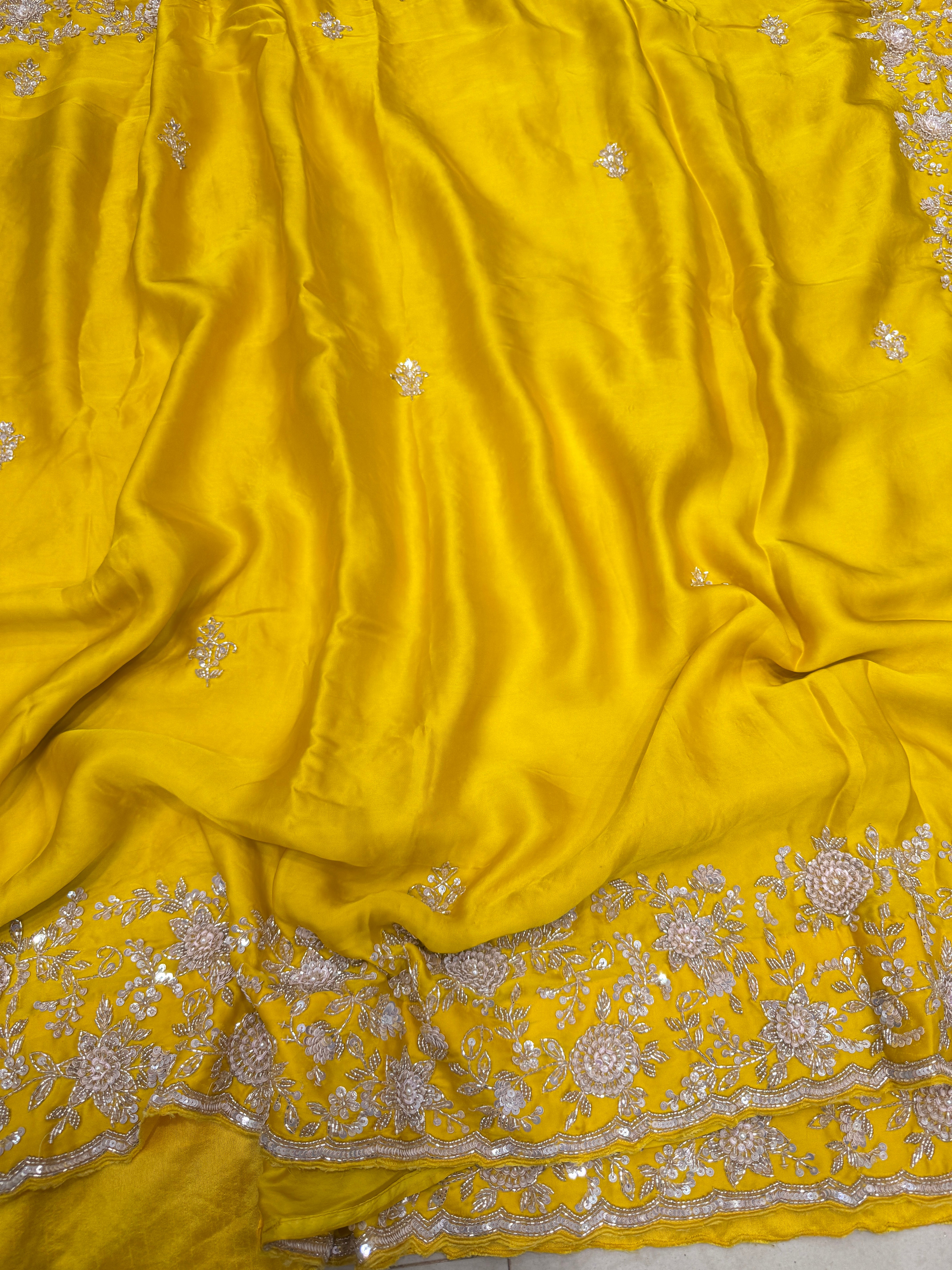 Yellow Satin Silk Hand Embroidery Moti Cutdana Saree