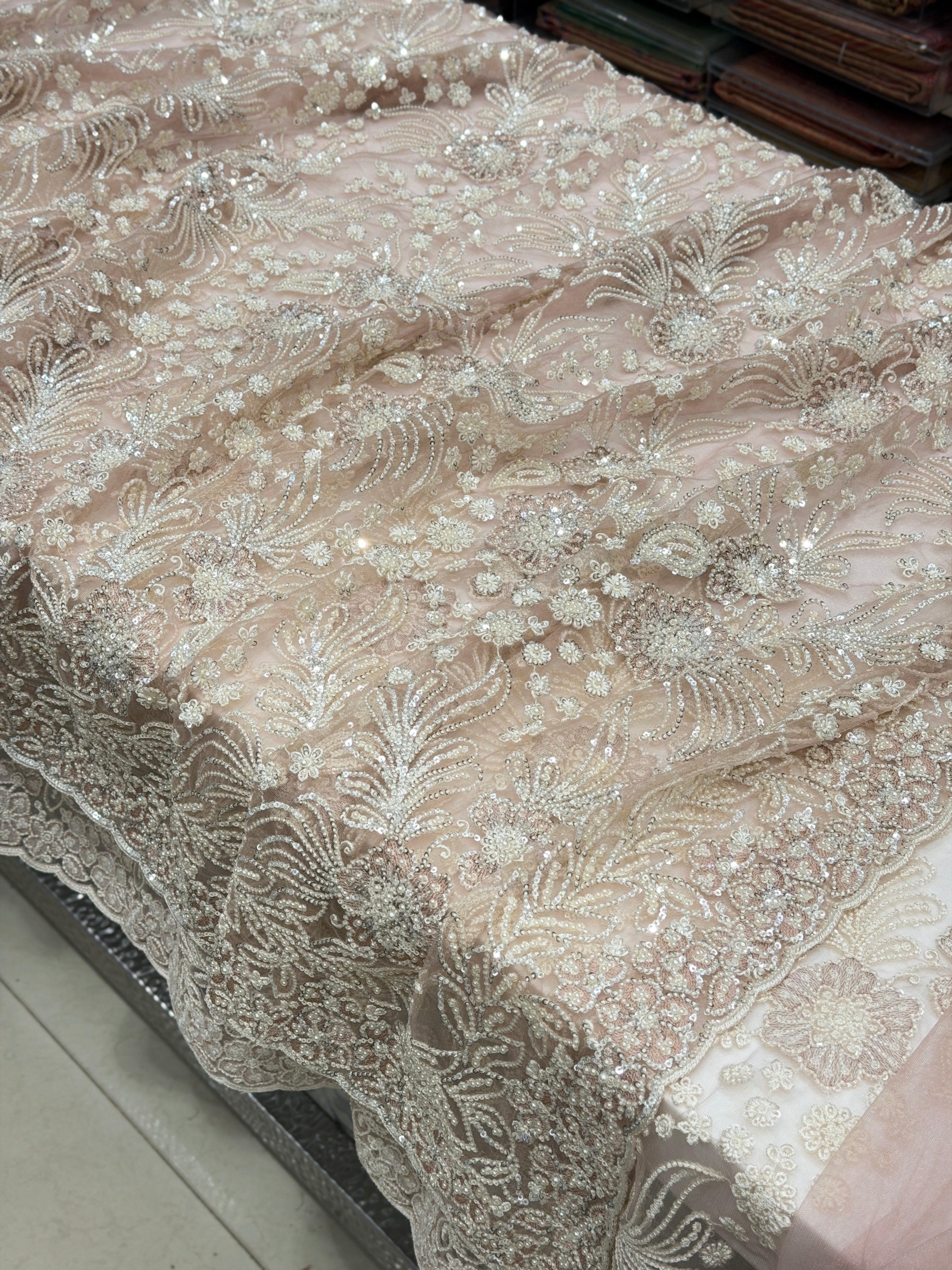 Nude Pink Floral Jaal Net Resham Moti Embroidery Soft Saree