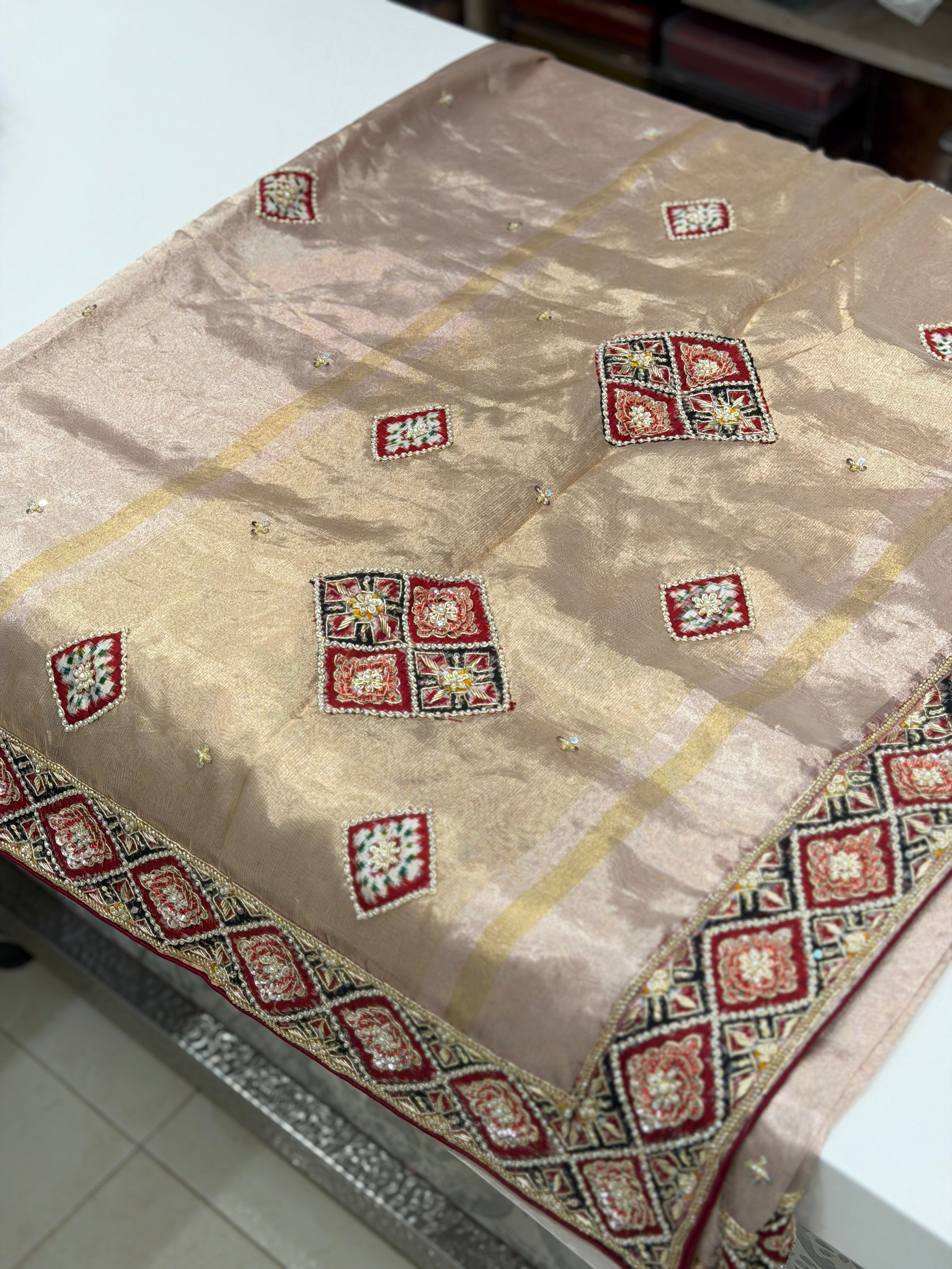 Pink Pure Tissue Patan Patola Patch Hand Embroidery Saree