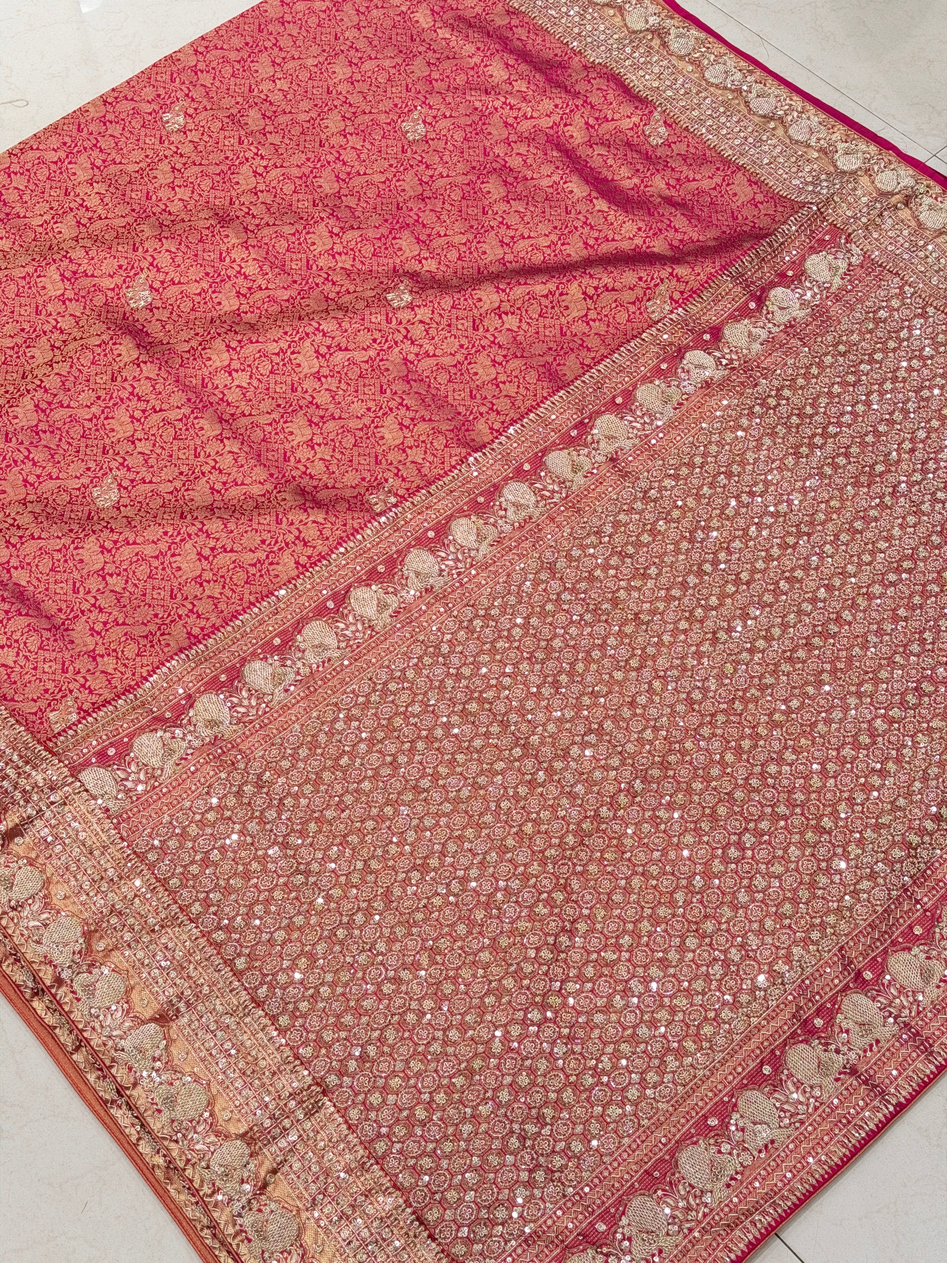 Rani Pink Kanjivaram Peacock Motif Zardosi Hand Embroidery Saree