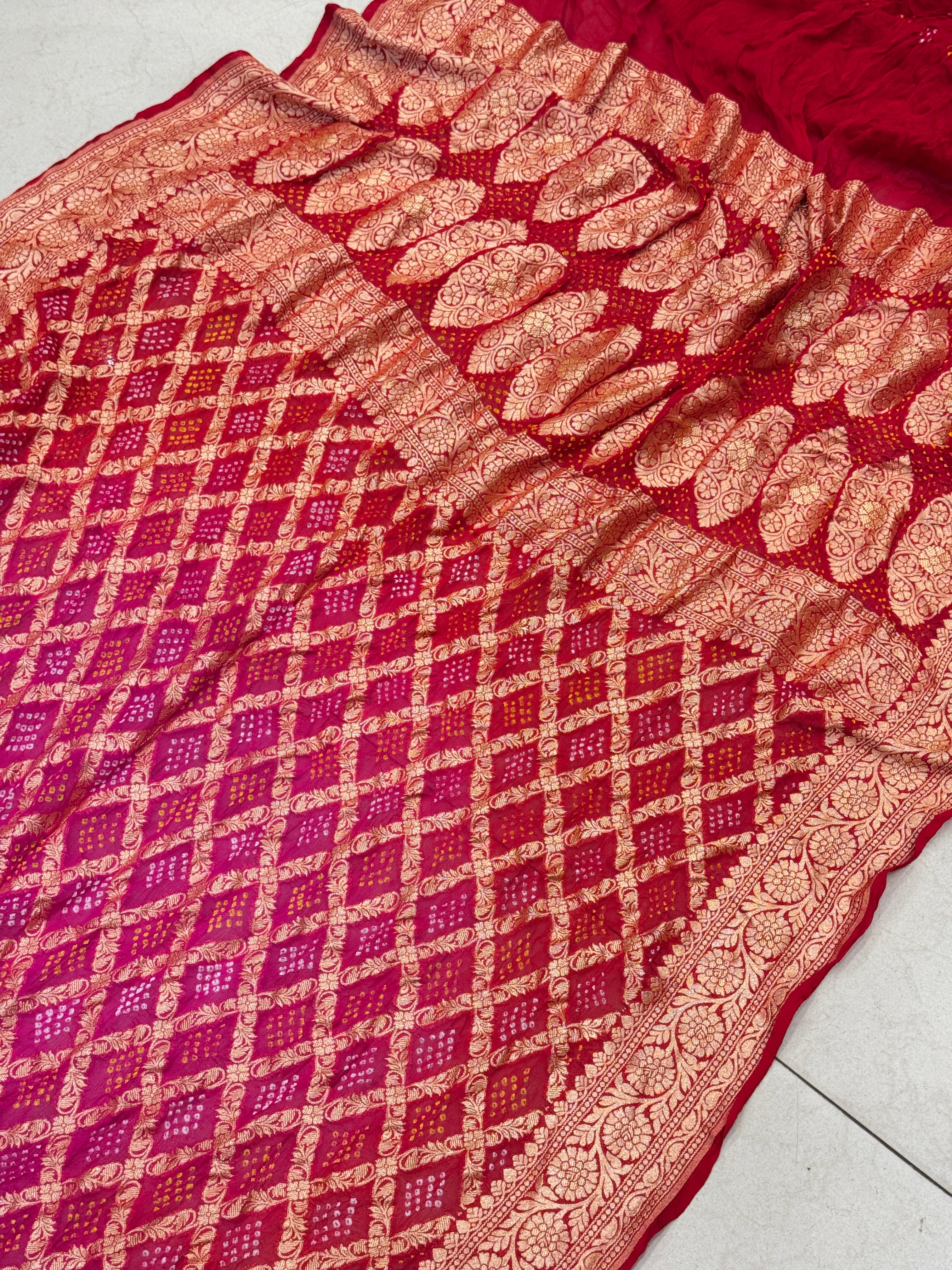 Red Rani Shaded Bandhej Bandhini Saree