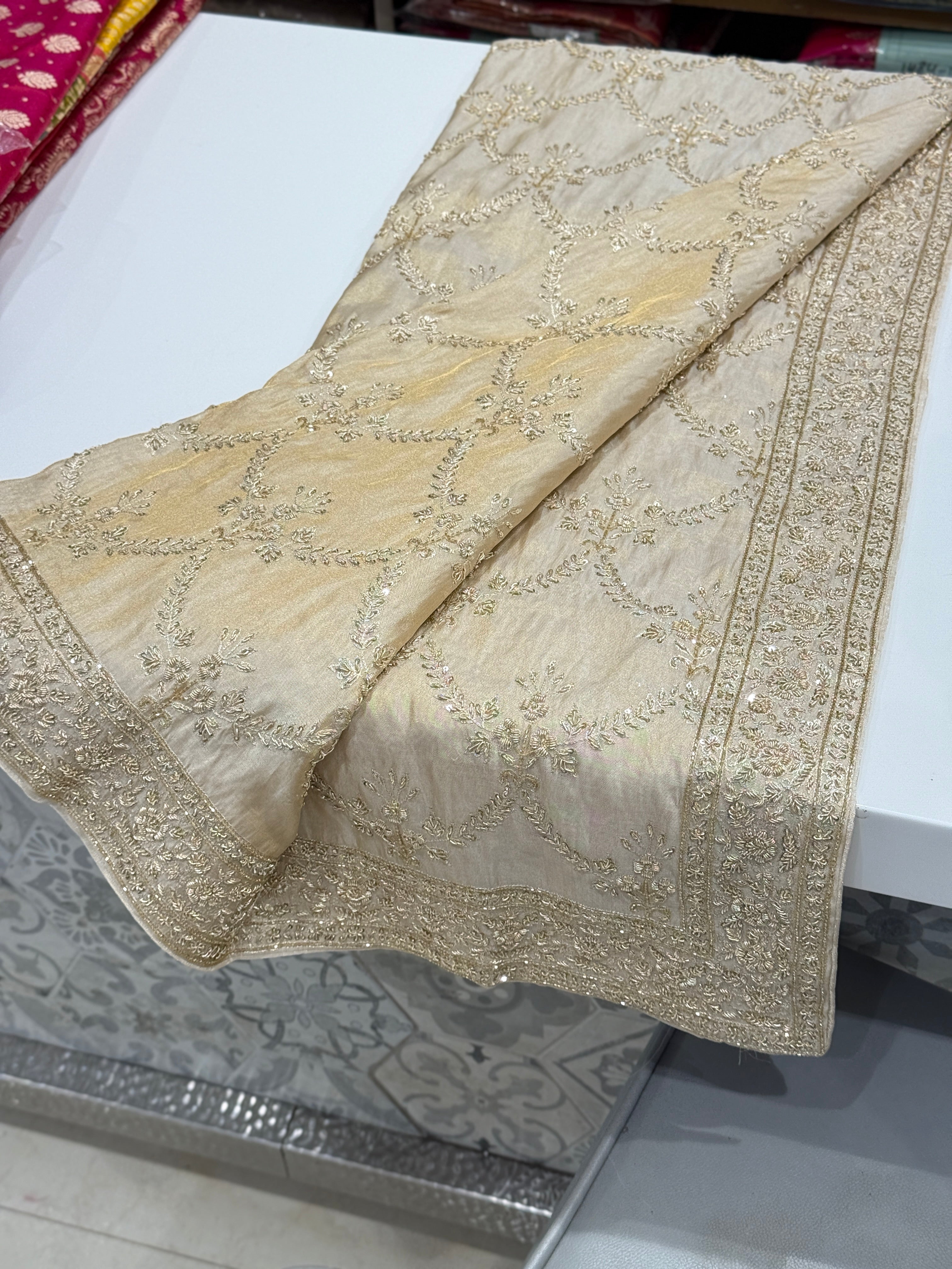 Handloom Tissue Silk Zardosi Hand Embroidery Jaal Saree