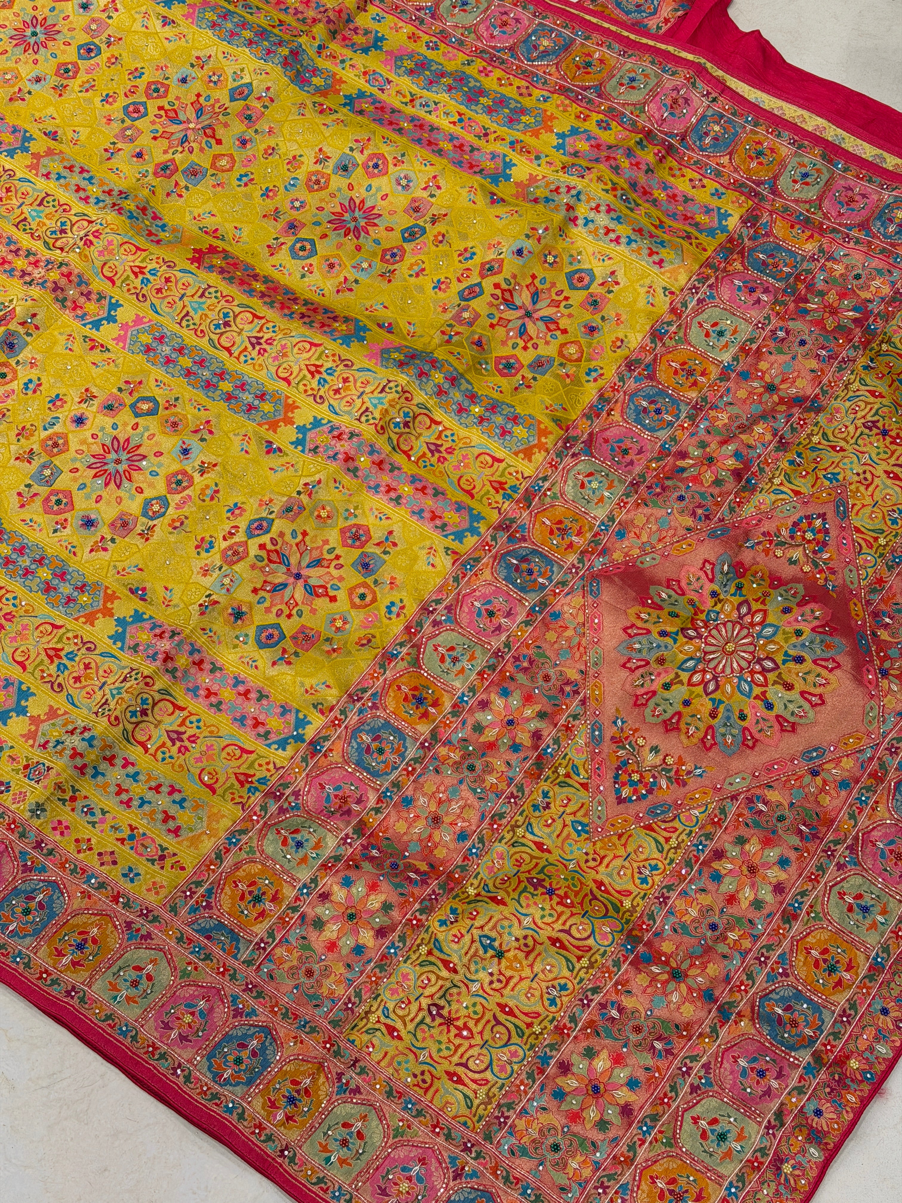 Yellow Banarasi Munga Pashmina Style Hand Embroidery Saree