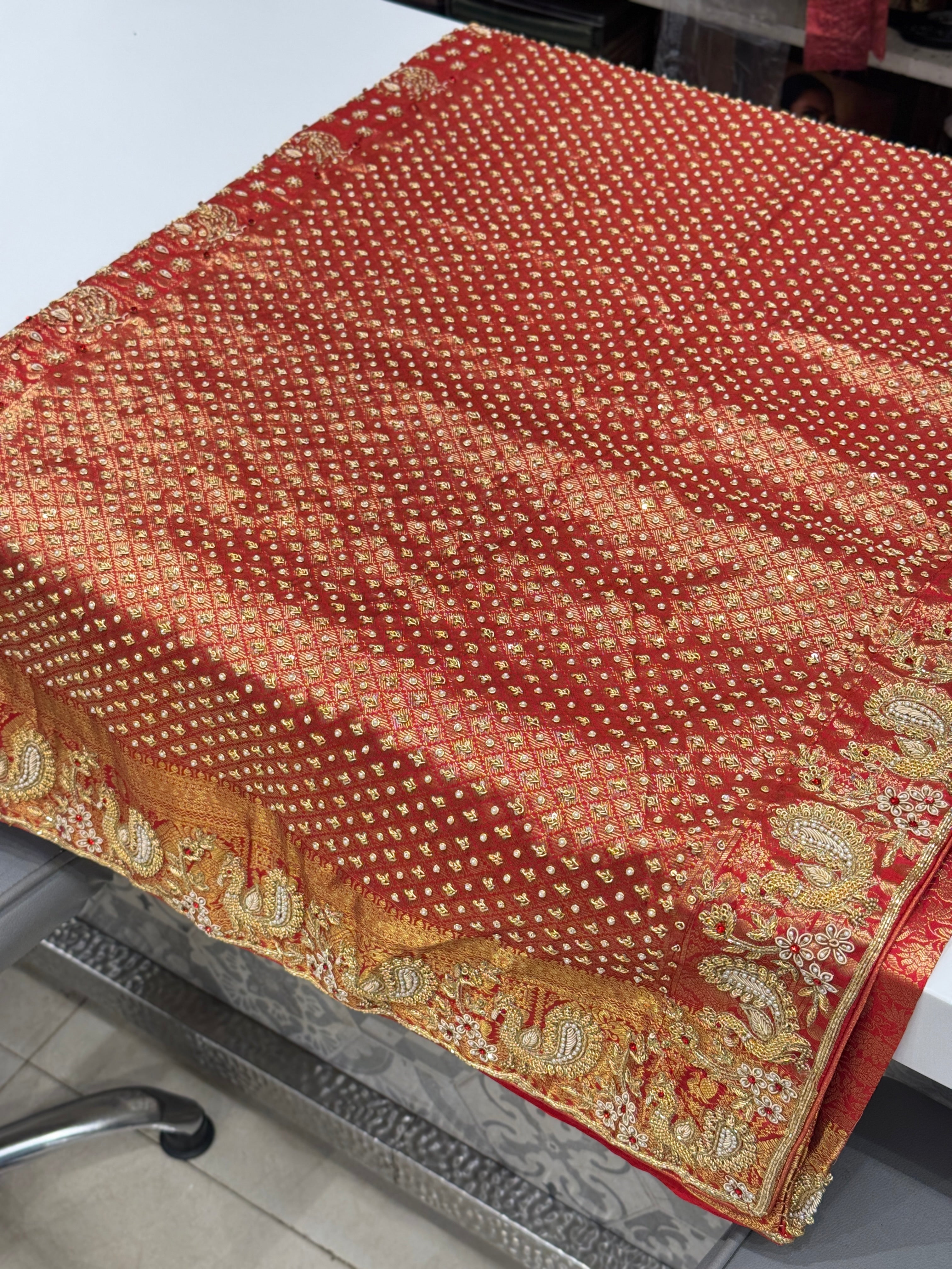 Red Kanjivaram Peacock Motif Zardozi Hand Embroidery Saree