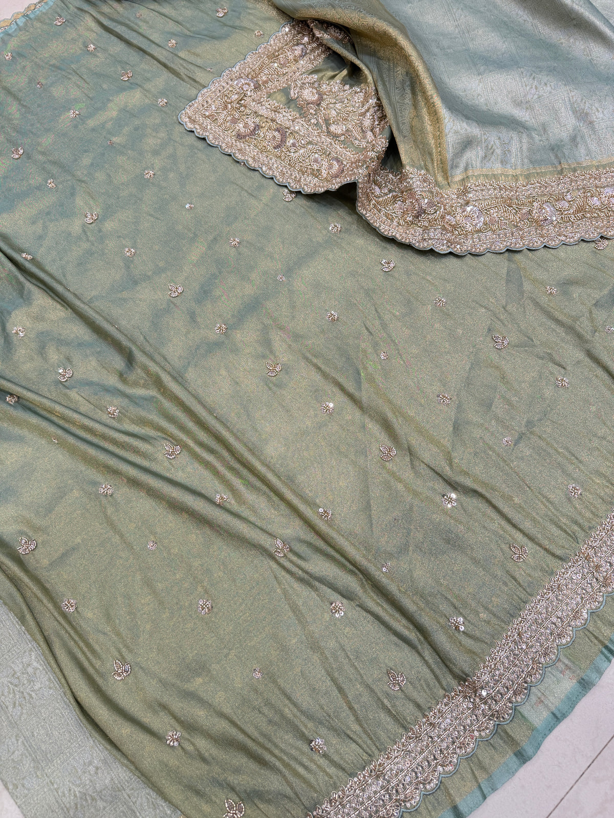 Sea Green Woven Tissue Silk Moti Sequin Saree